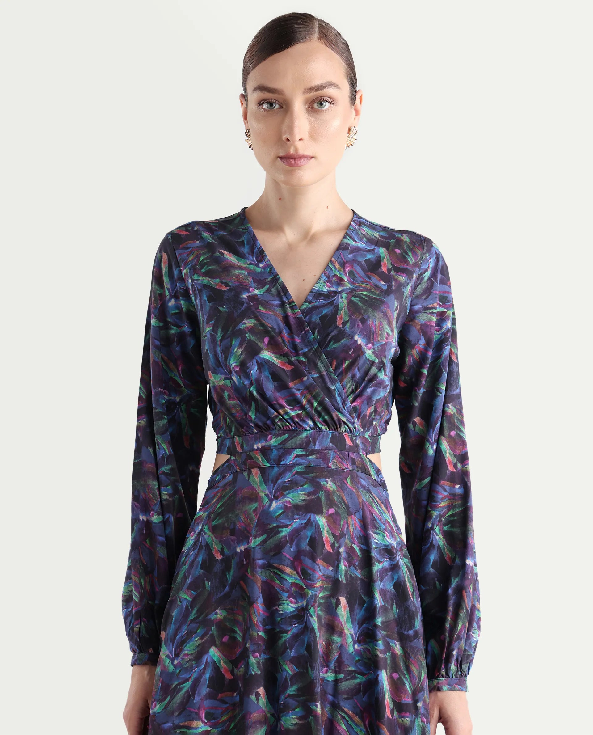 Rareism Women's Seppo Dark Multi Viscose Overlap Neck Abstract Print Bishop Sleeve Maxi Fit And Flare Dress