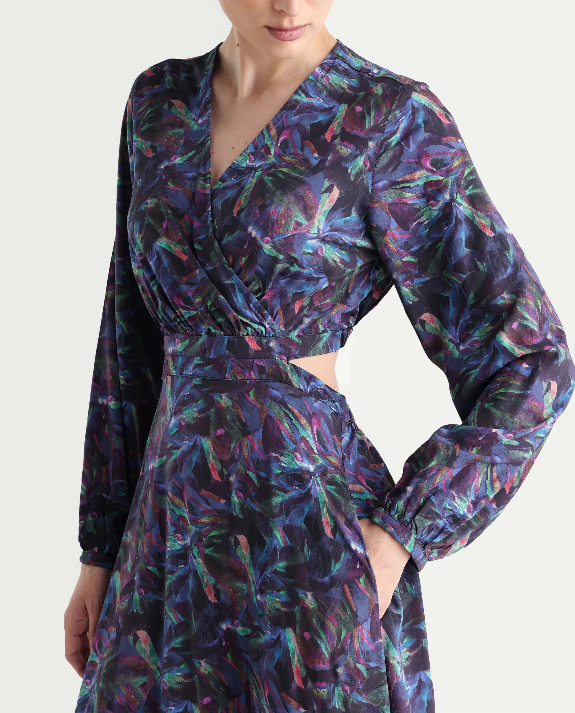 Rareism Women's Seppo Dark Multi Viscose Overlap Neck Abstract Print Bishop Sleeve Maxi Fit And Flare Dress