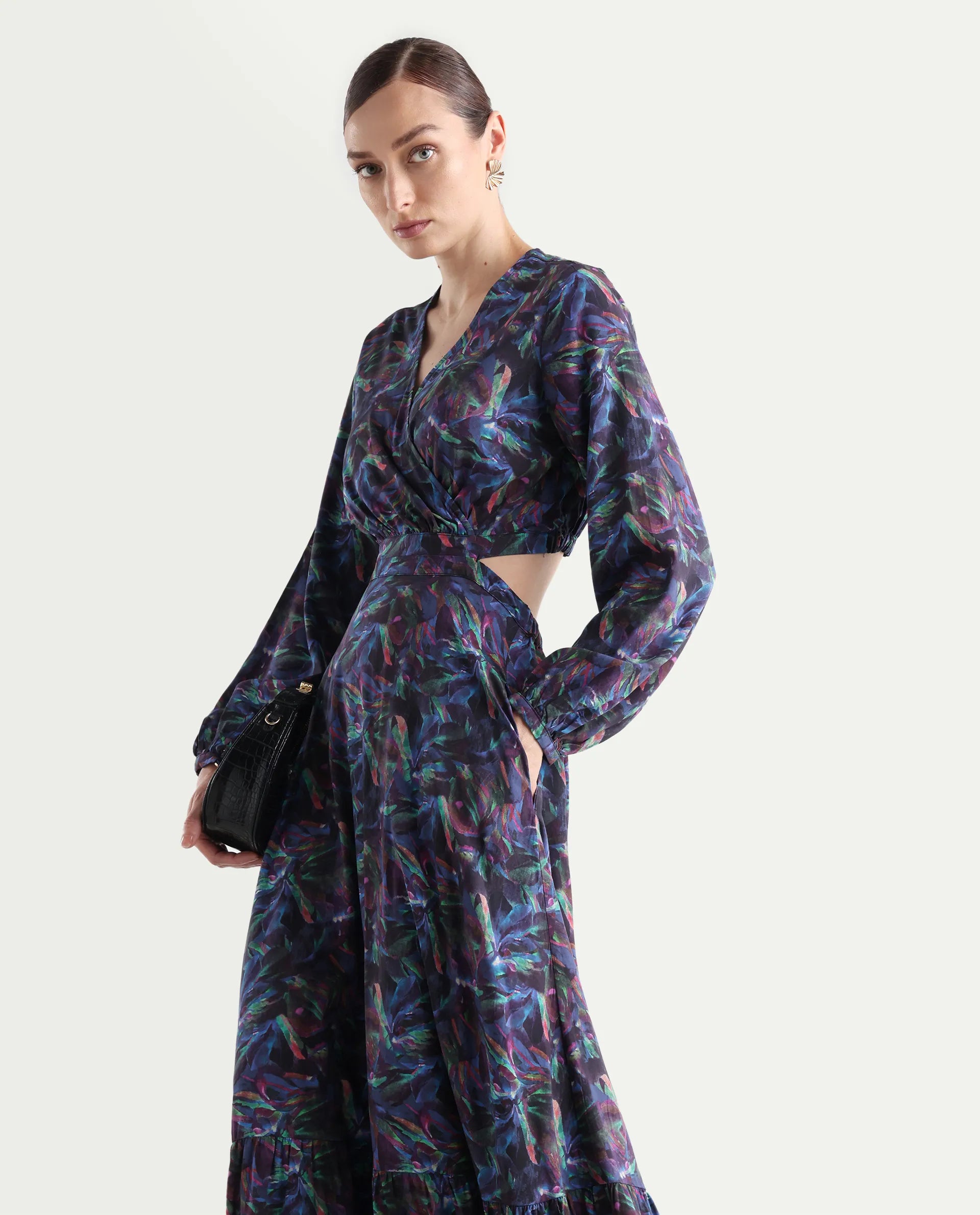 Rareism Women's Seppo Dark Multi Viscose Overlap Neck Abstract Print Bishop Sleeve Maxi Fit And Flare Dress