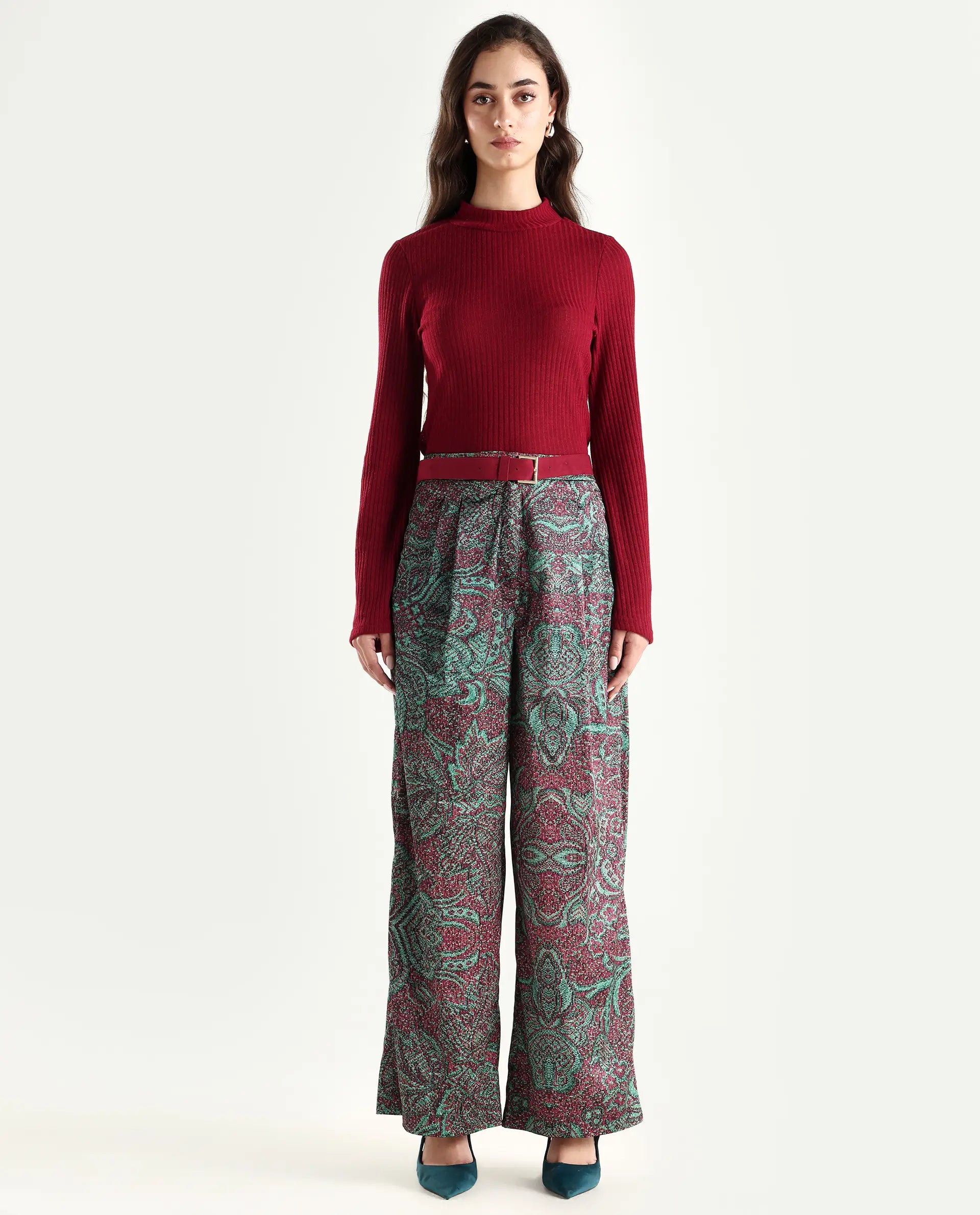 Rareism Women's Edina Multi Satin Abstract Print Ankle Length Wide Trouser