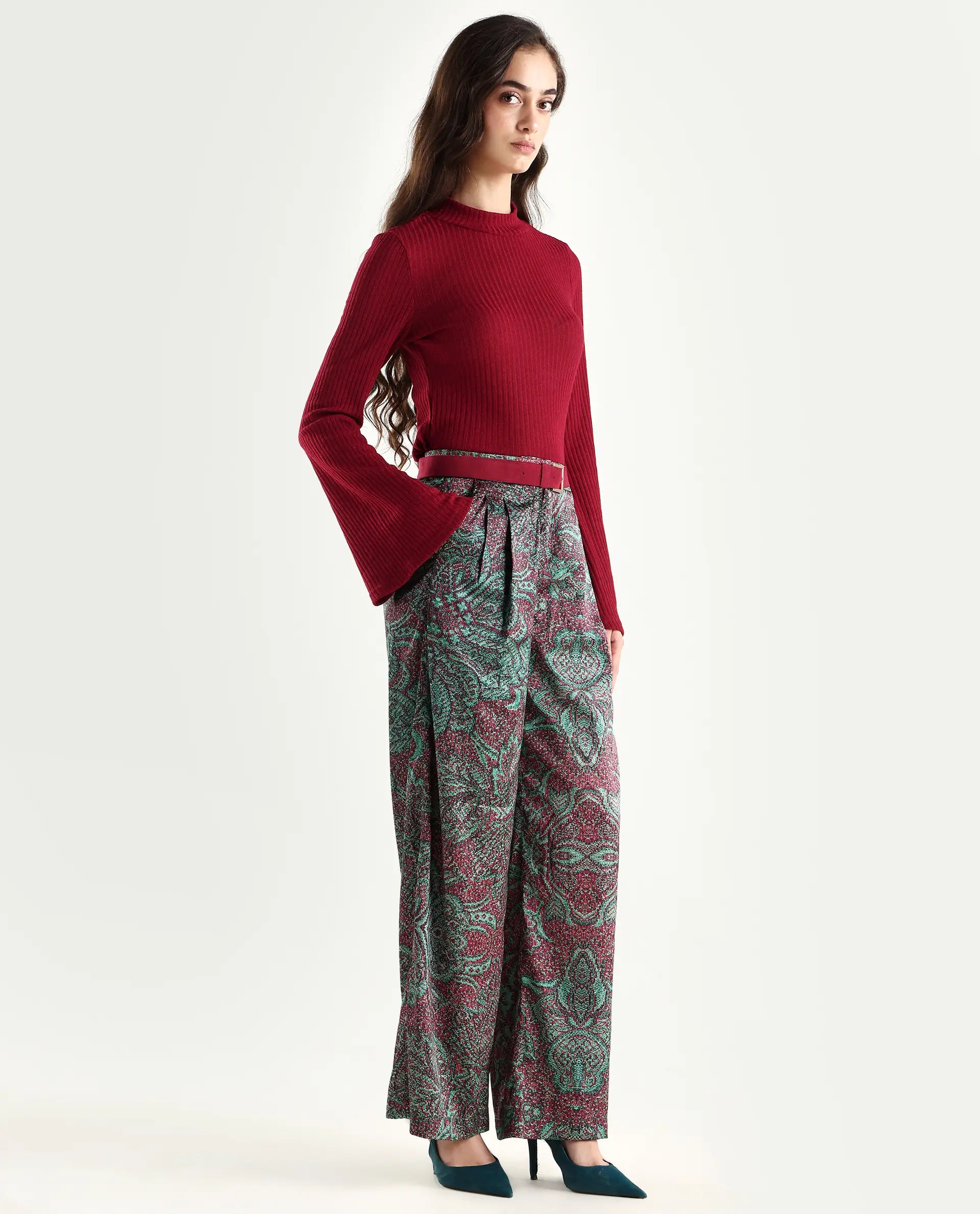 Rareism Women's Edina Multi Satin Abstract Print Ankle Length Wide Trouser