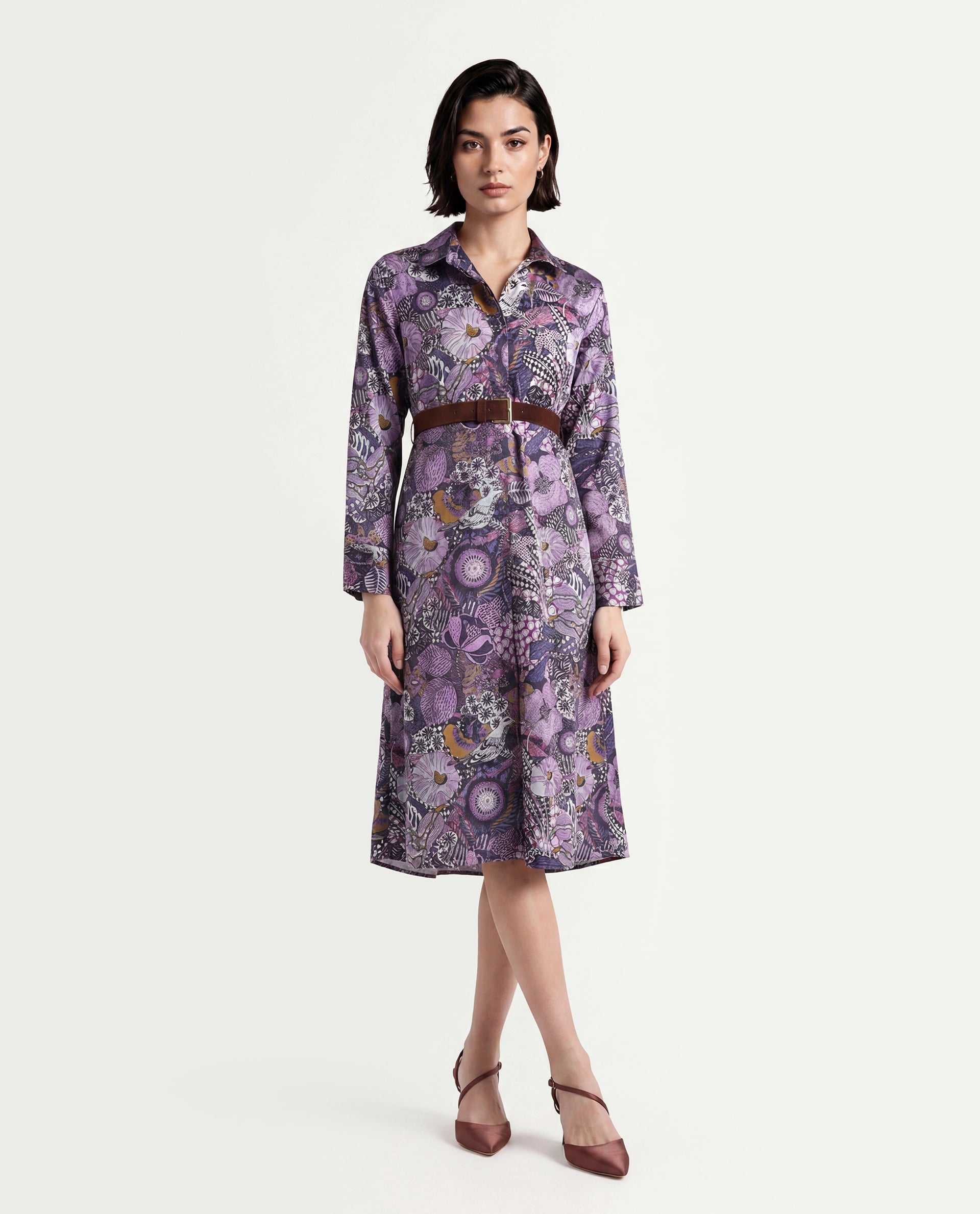 Rareism Women's Shapat Multi Satin High Neck Abstract Print Midi A-Line Dress