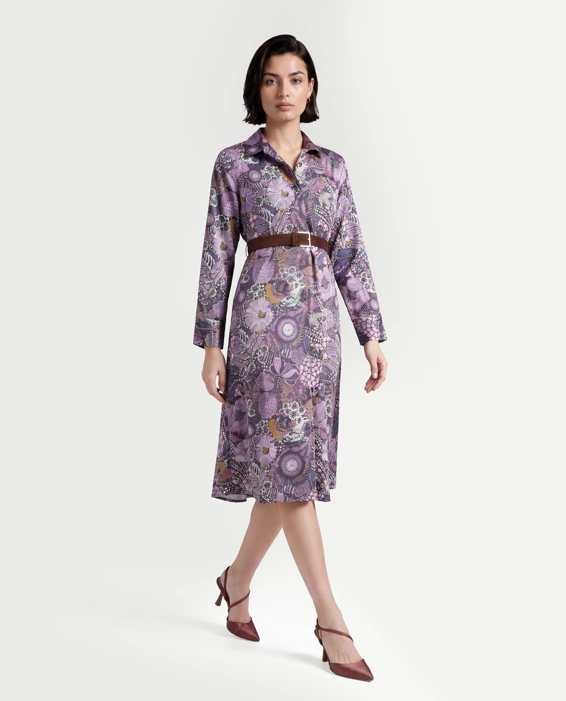 Rareism Women's Shapat Multi Satin High Neck Abstract Print Midi A-Line Dress