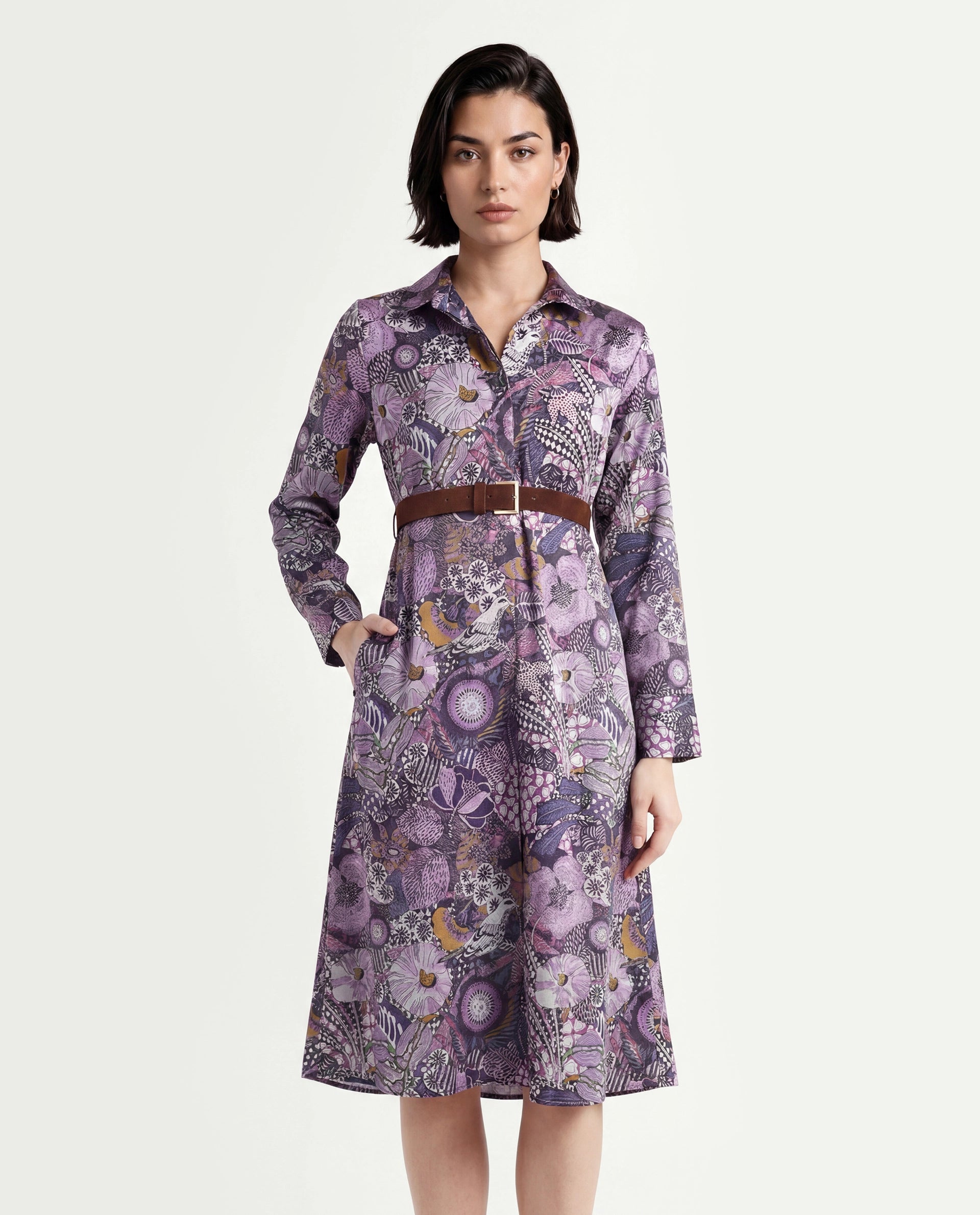 Rareism Women's Shapat Multi Satin High Neck Abstract Print Midi A-Line Dress