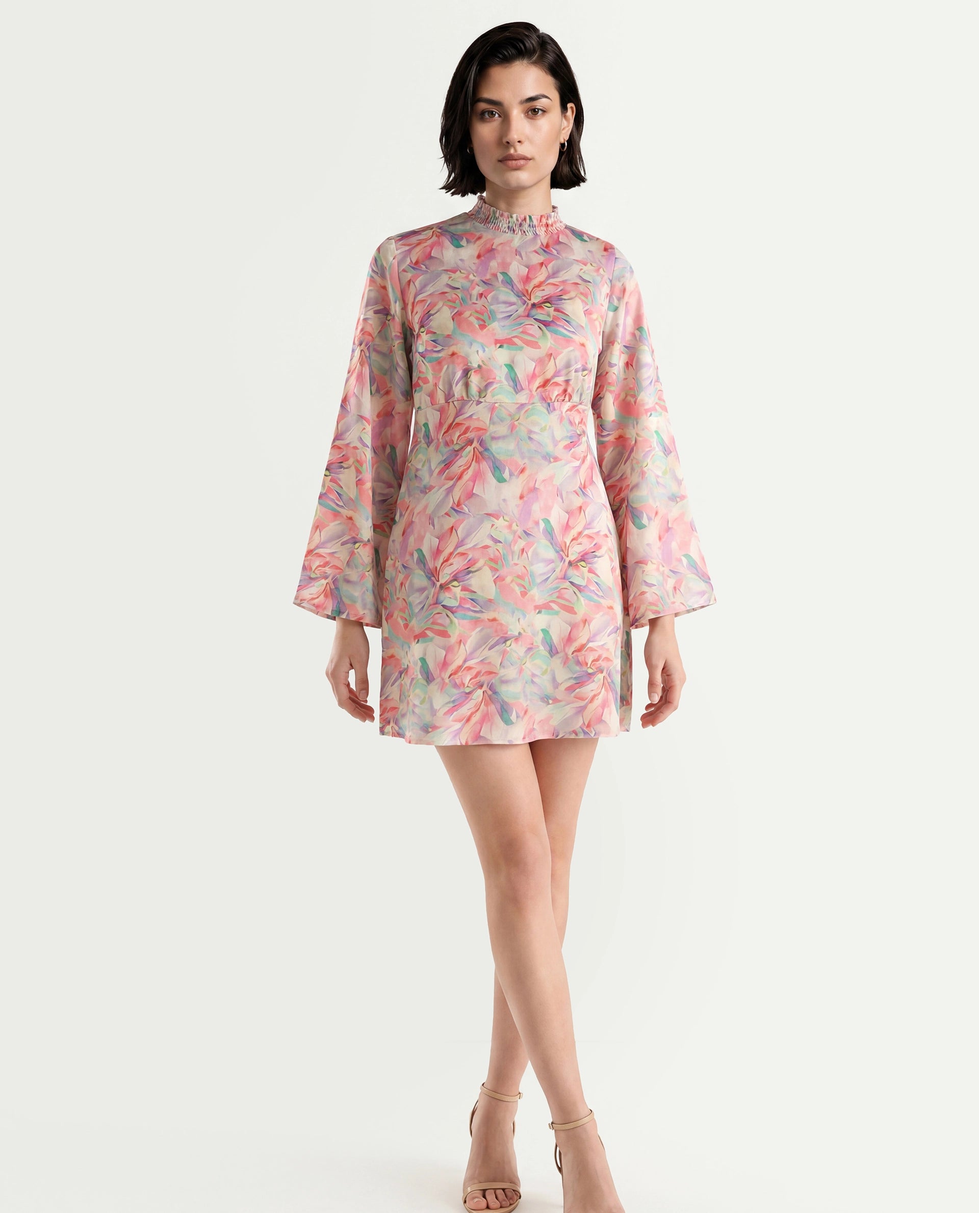 Rareism Women's Erry Light Multi Cotton Sweetheart Neck Abstract Print Bell Sleeve Knee Length Flared Dress