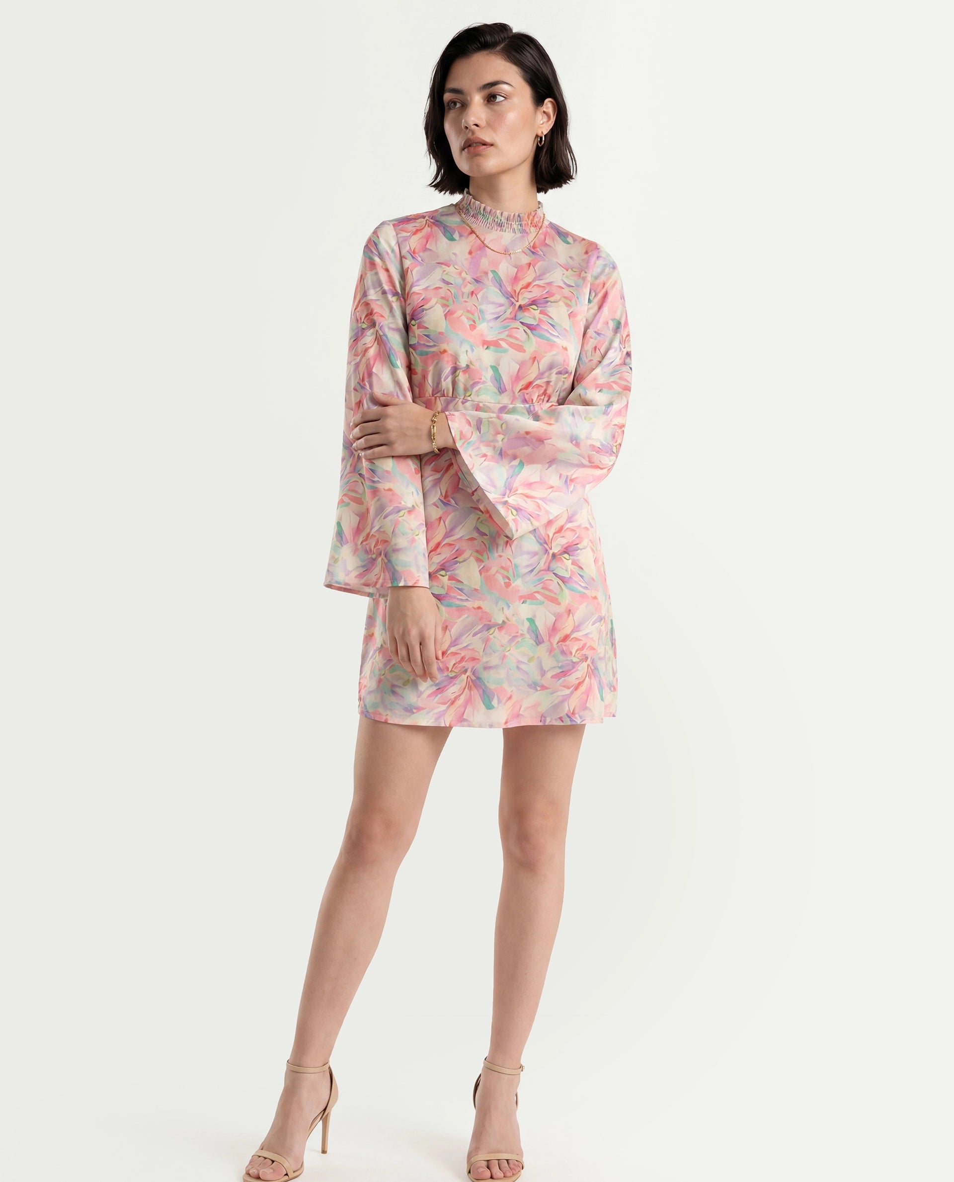 Rareism Women's Erry Light Multi Cotton Sweetheart Neck Abstract Print Bell Sleeve Knee Length Flared Dress