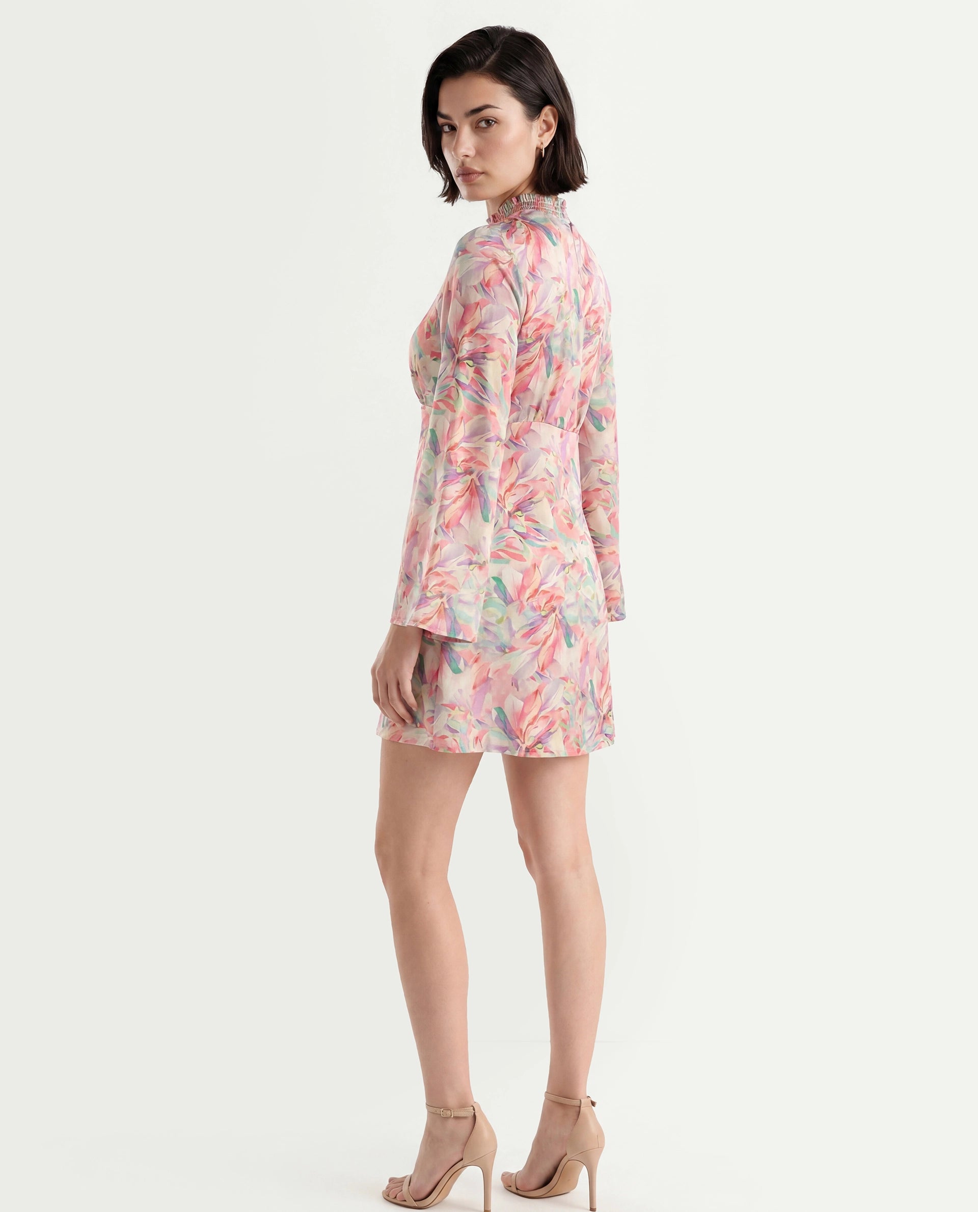 Rareism Women's Erry Light Multi Cotton Sweetheart Neck Abstract Print Bell Sleeve Knee Length Flared Dress
