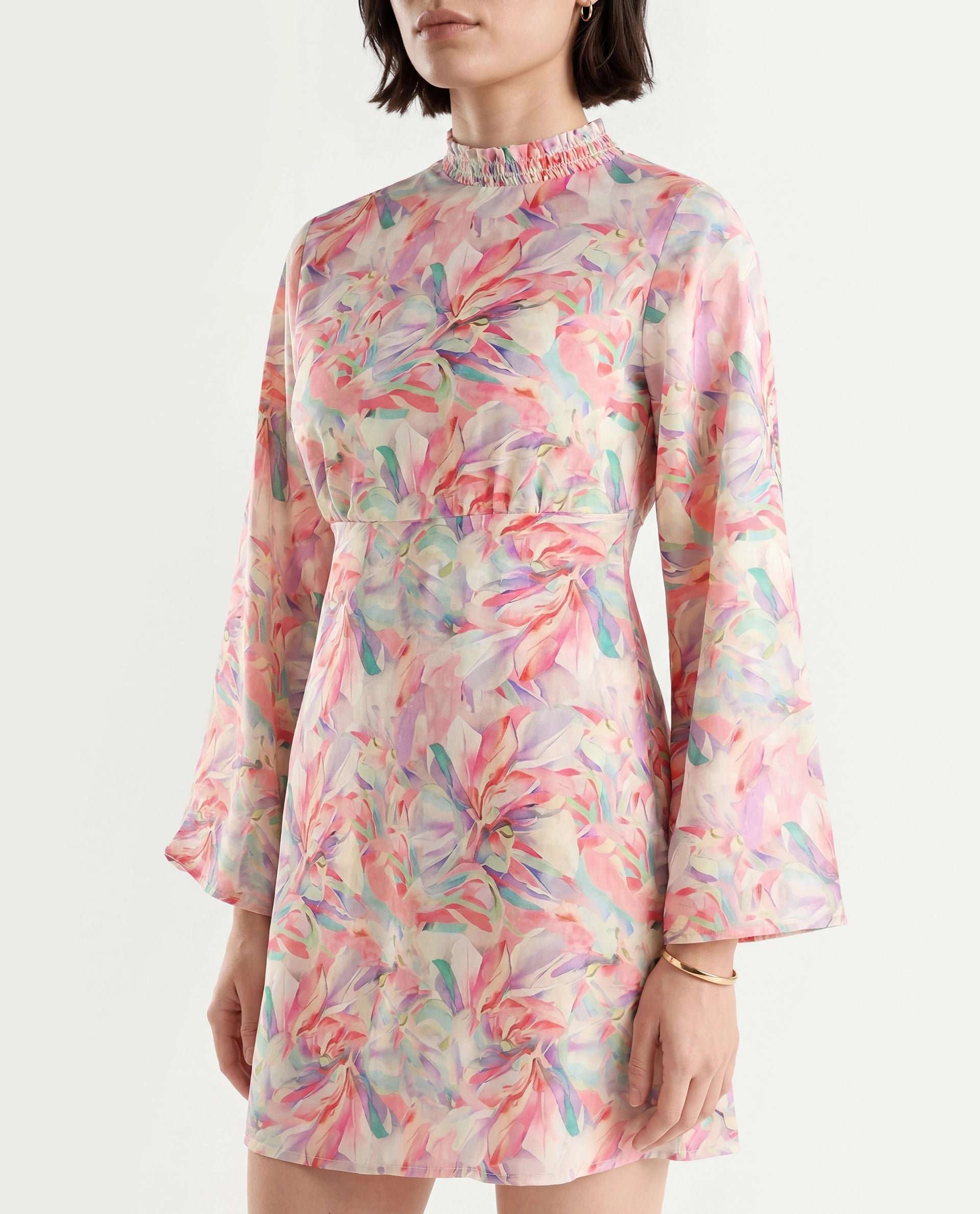 Rareism Women's Erry Light Multi Cotton Sweetheart Neck Abstract Print Bell Sleeve Knee Length Flared Dress