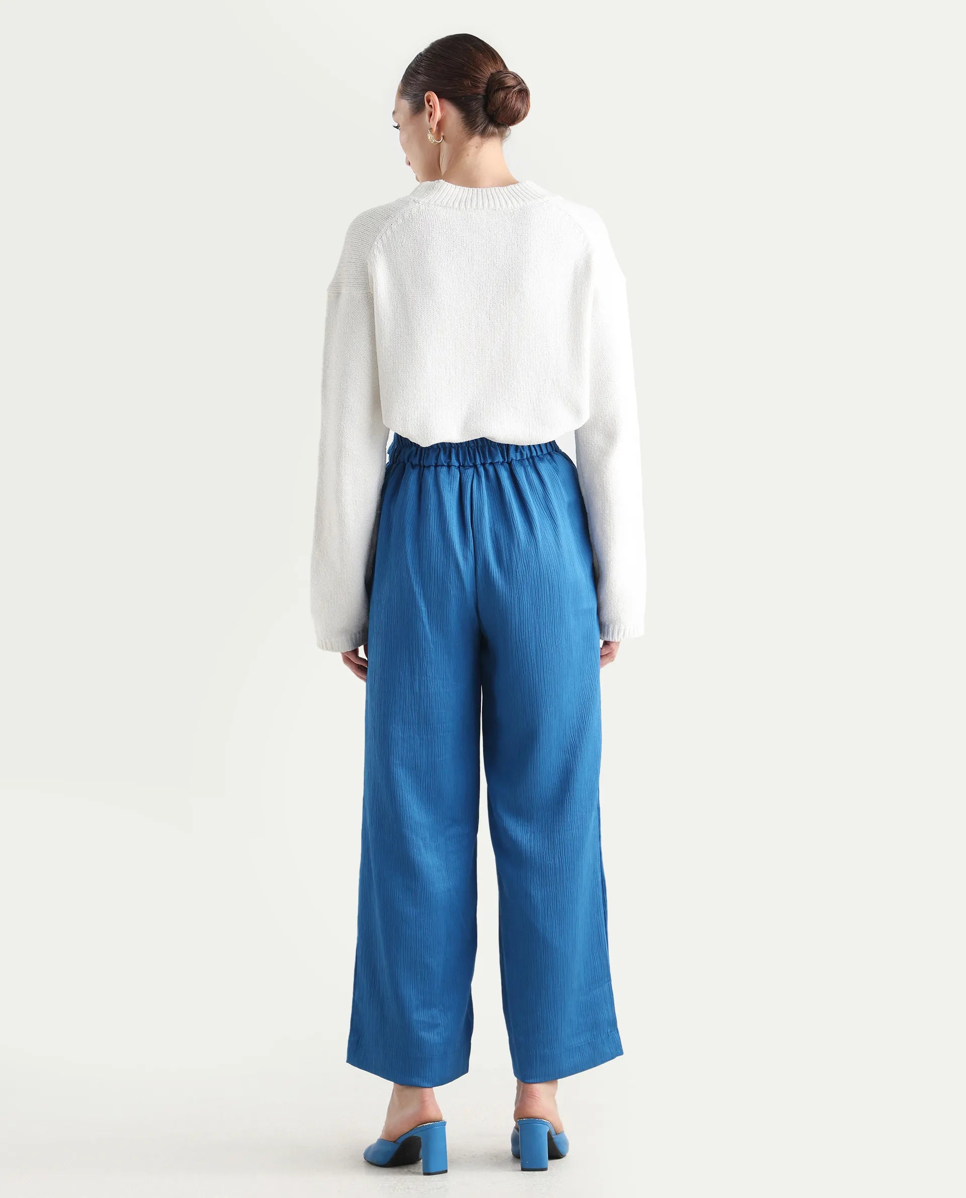 Rareism Women's Antela Blue Polyester Plain Ankle Length Wide Trouser