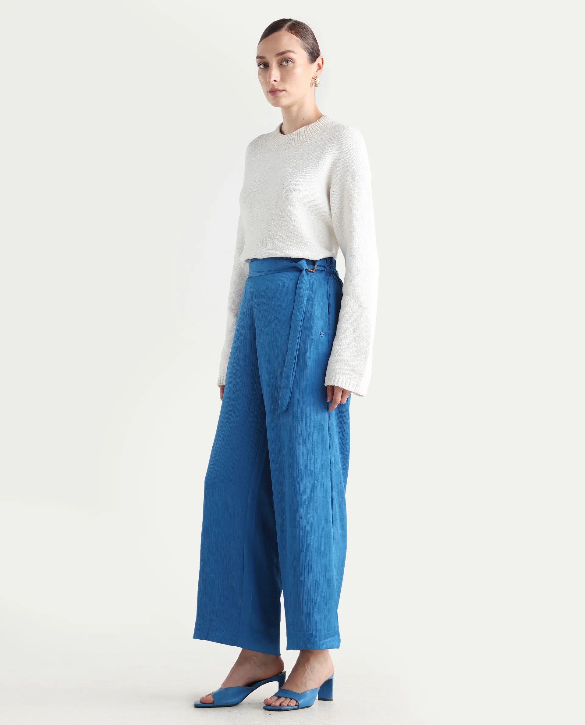 Rareism Women's Antela Blue Polyester Plain Ankle Length Wide Trouser