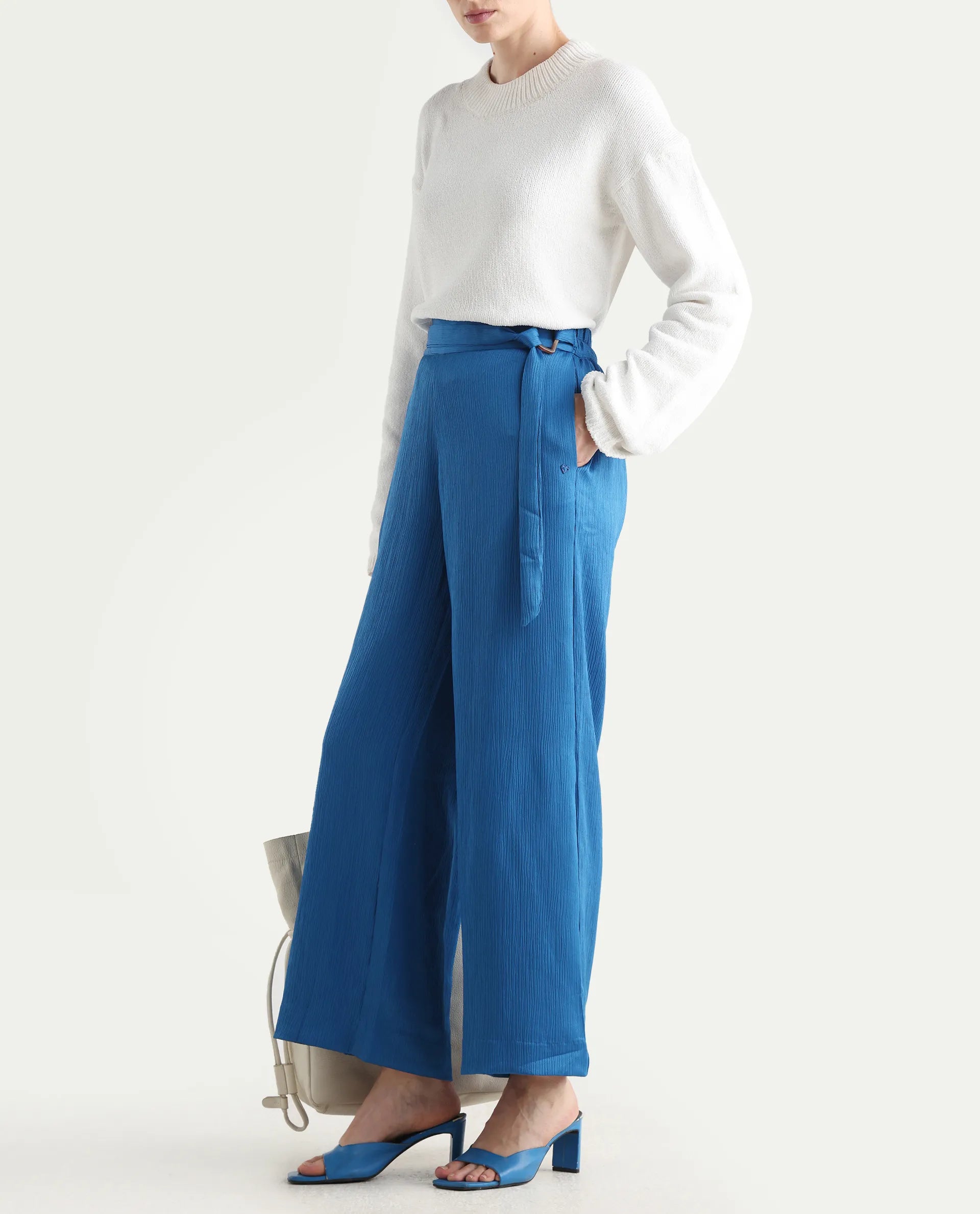 Rareism Women's Antela Blue Polyester Plain Ankle Length Wide Trouser