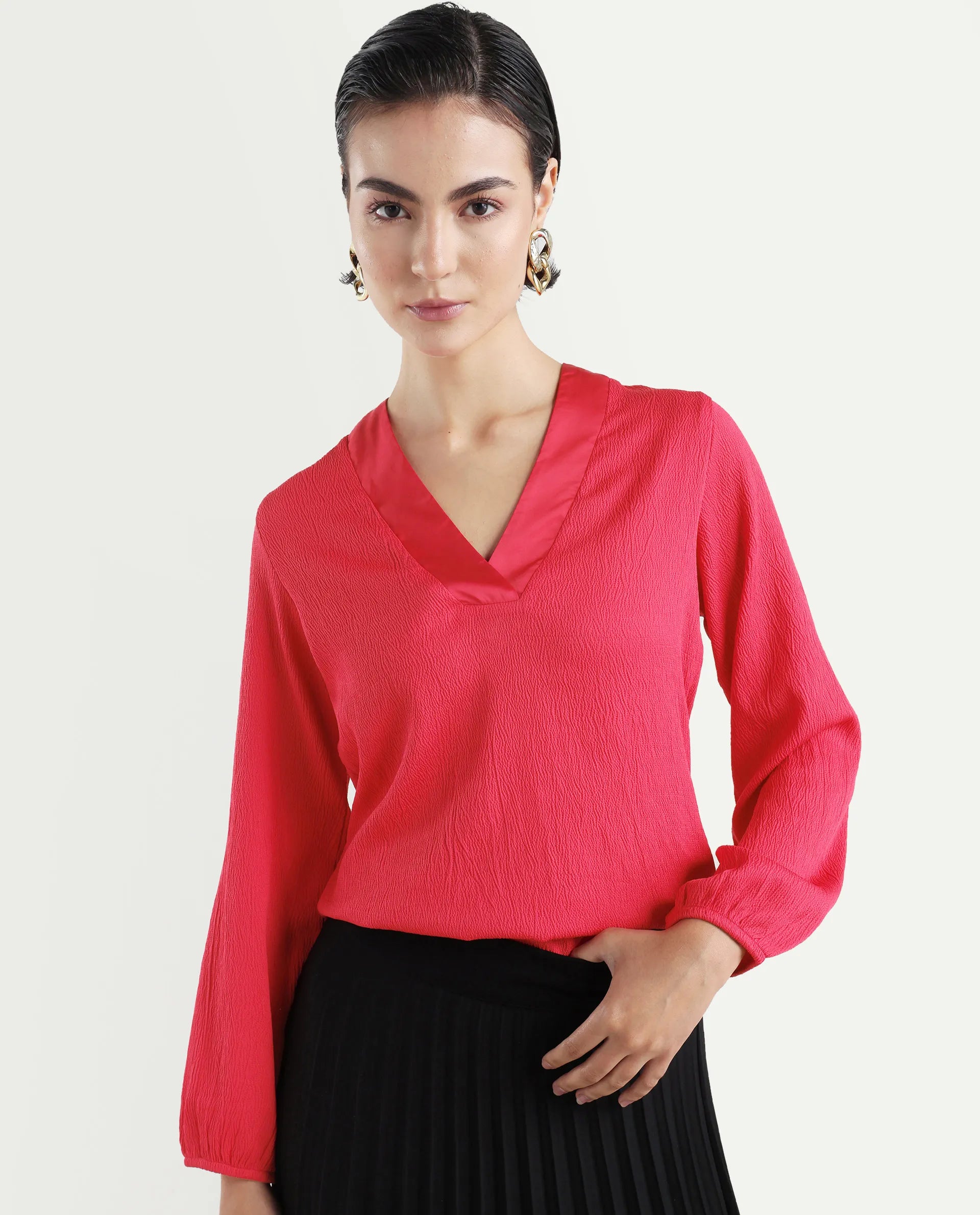 Rareism Women's Boco Pink Polyester V-Neck Plain Balloon Sleeve Regular Fit Top