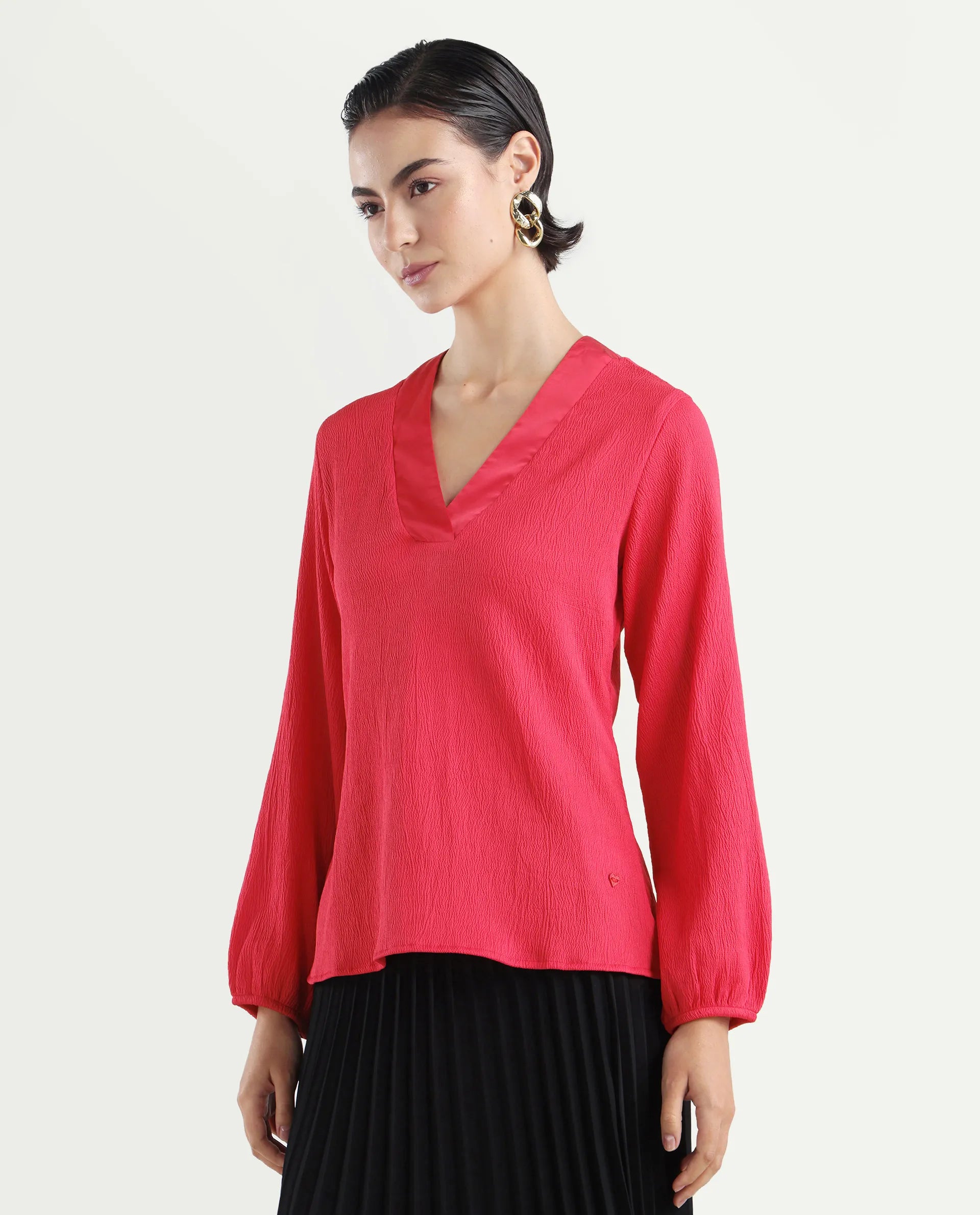 Rareism Women's Boco Pink Polyester V-Neck Plain Balloon Sleeve Regular Fit Top