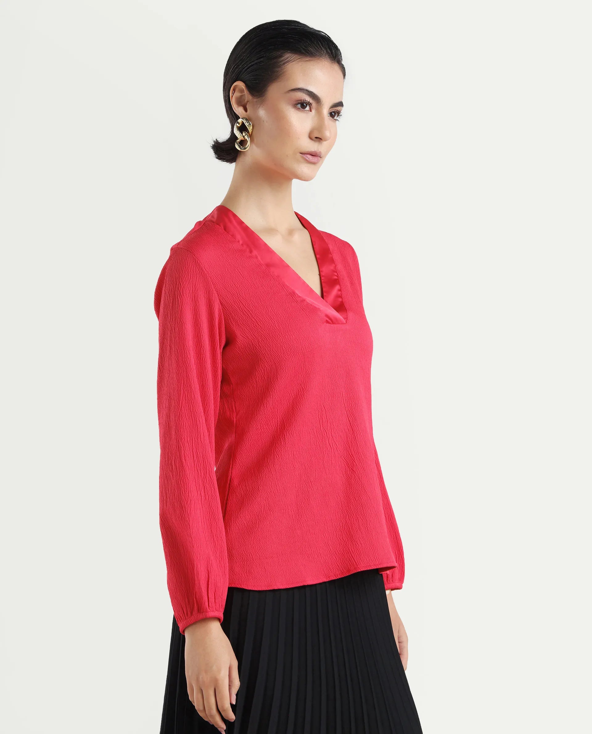 Rareism Women's Boco Pink Polyester V-Neck Plain Balloon Sleeve Regular Fit Top