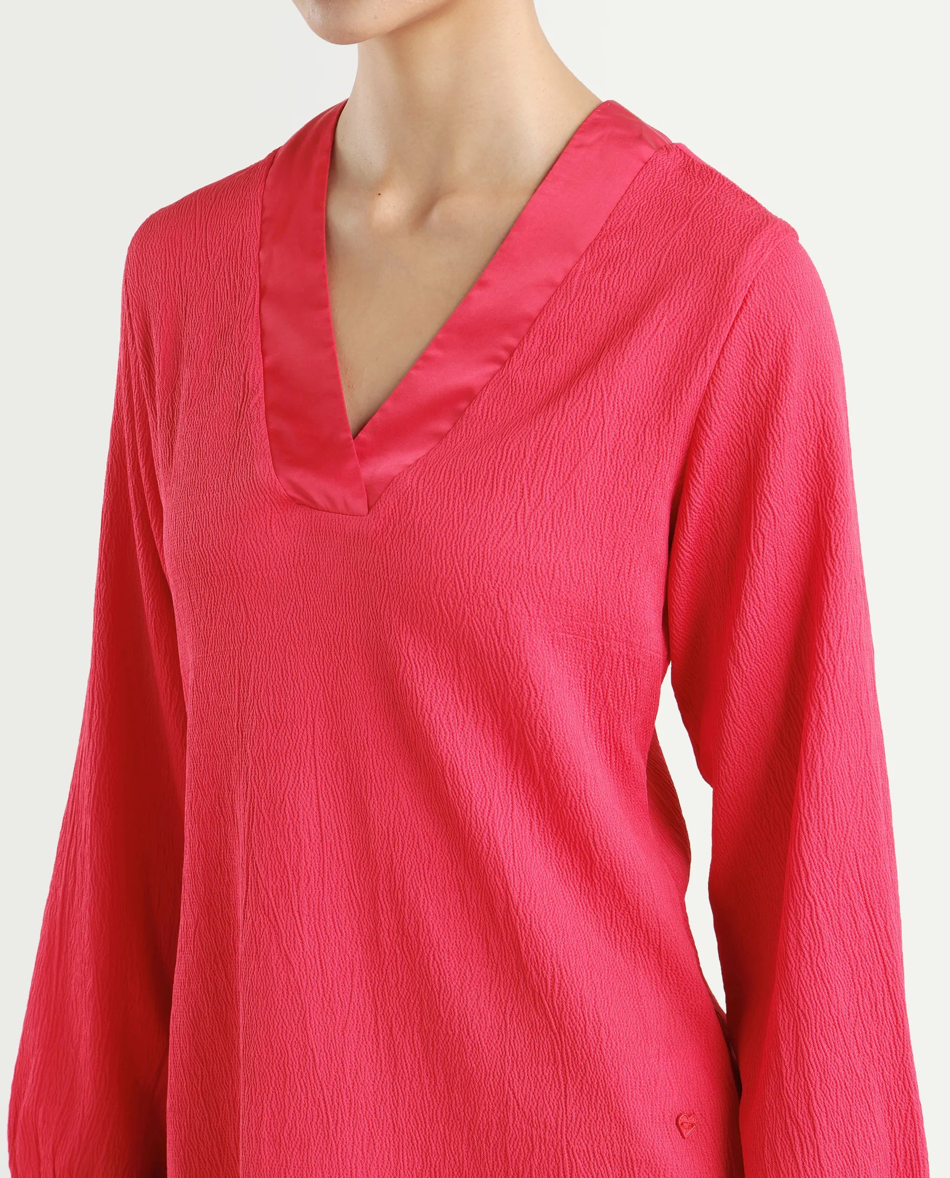 Rareism Women's Boco Pink Polyester V-Neck Plain Balloon Sleeve Regular Fit Top