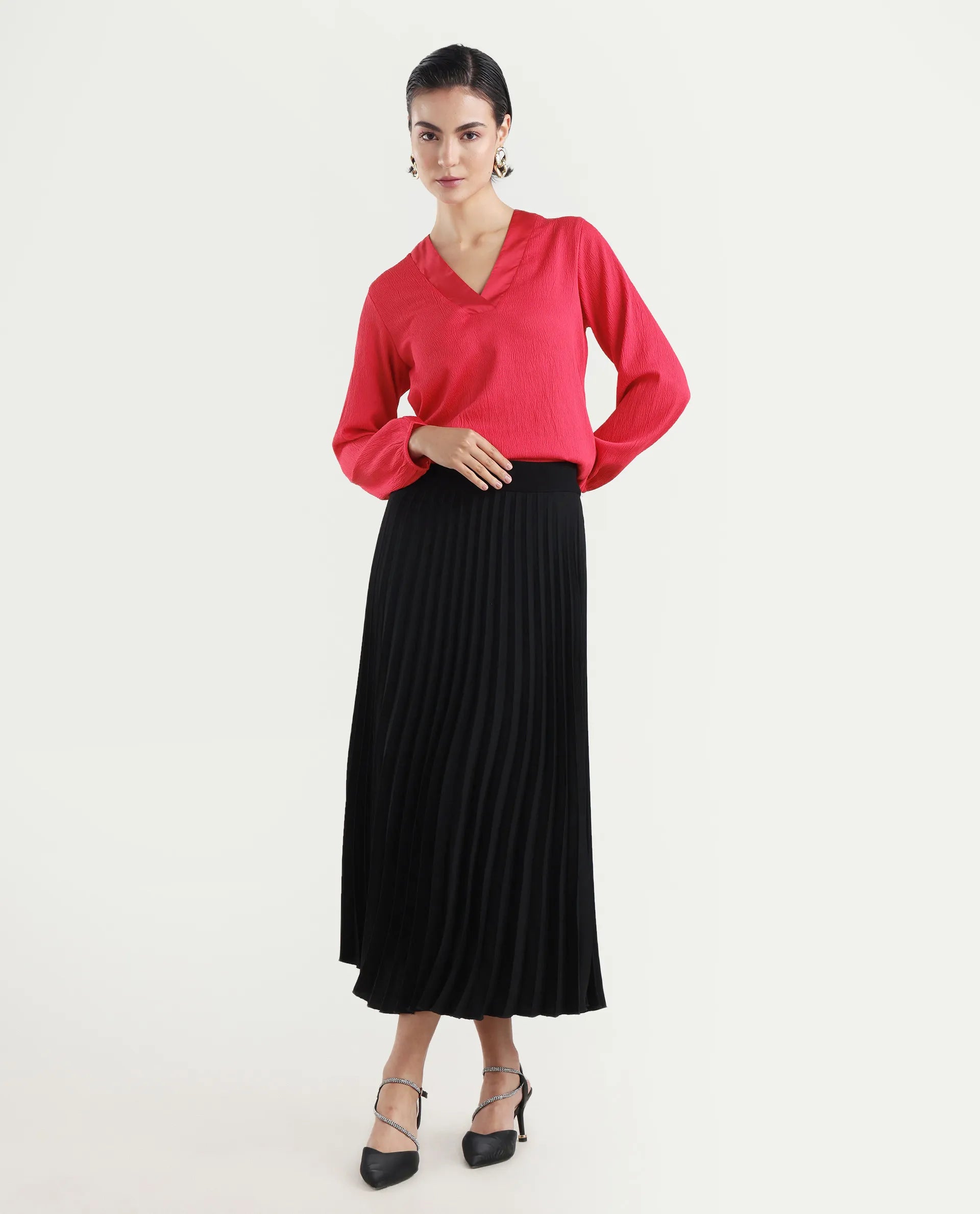 Rareism Women's Boco Pink Polyester V-Neck Plain Balloon Sleeve Regular Fit Top