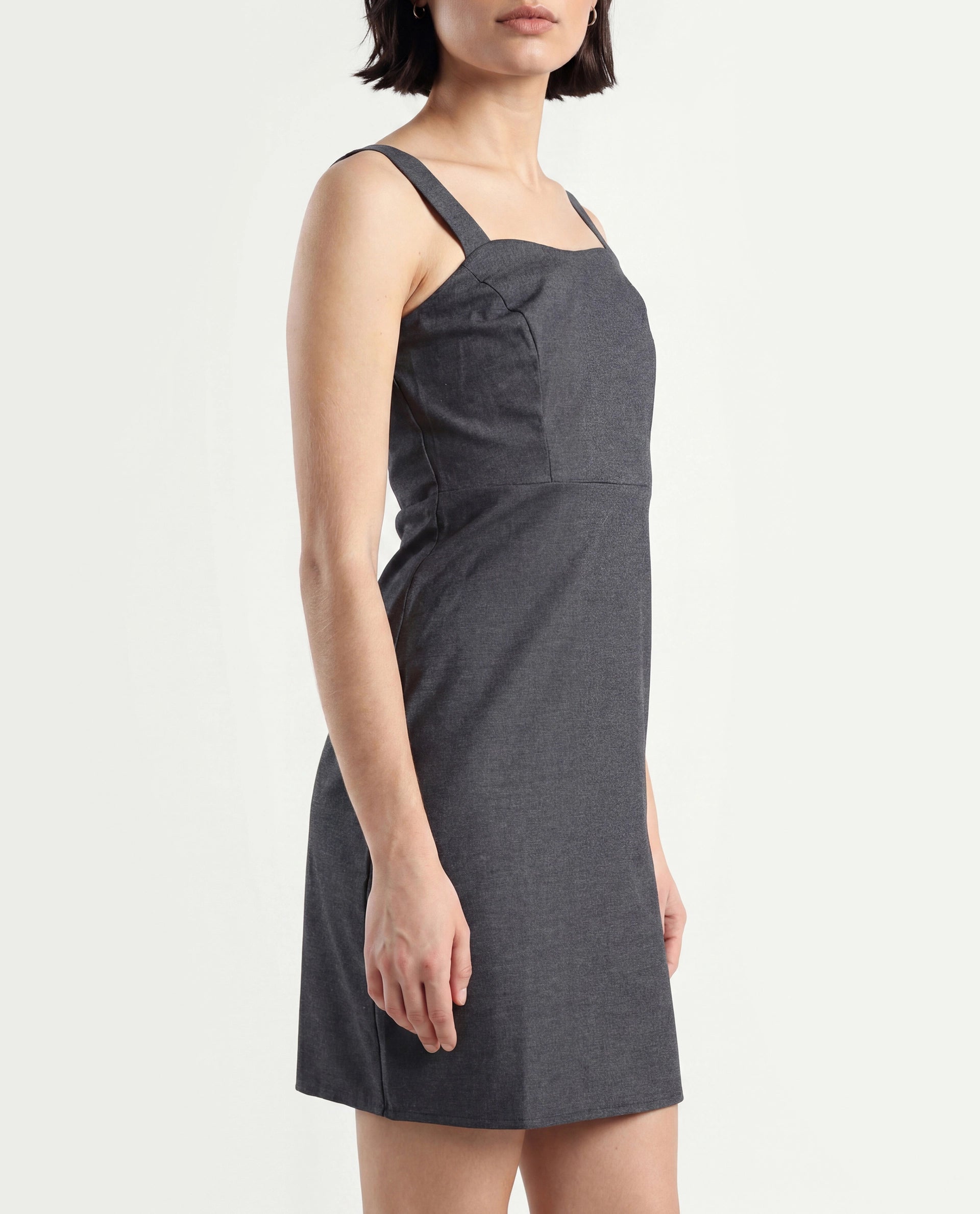 Rareism Women's Canakkale Grey Cotton Blend Sweetheart Neck Plain Sleeveless Mini Straight Fit Dress