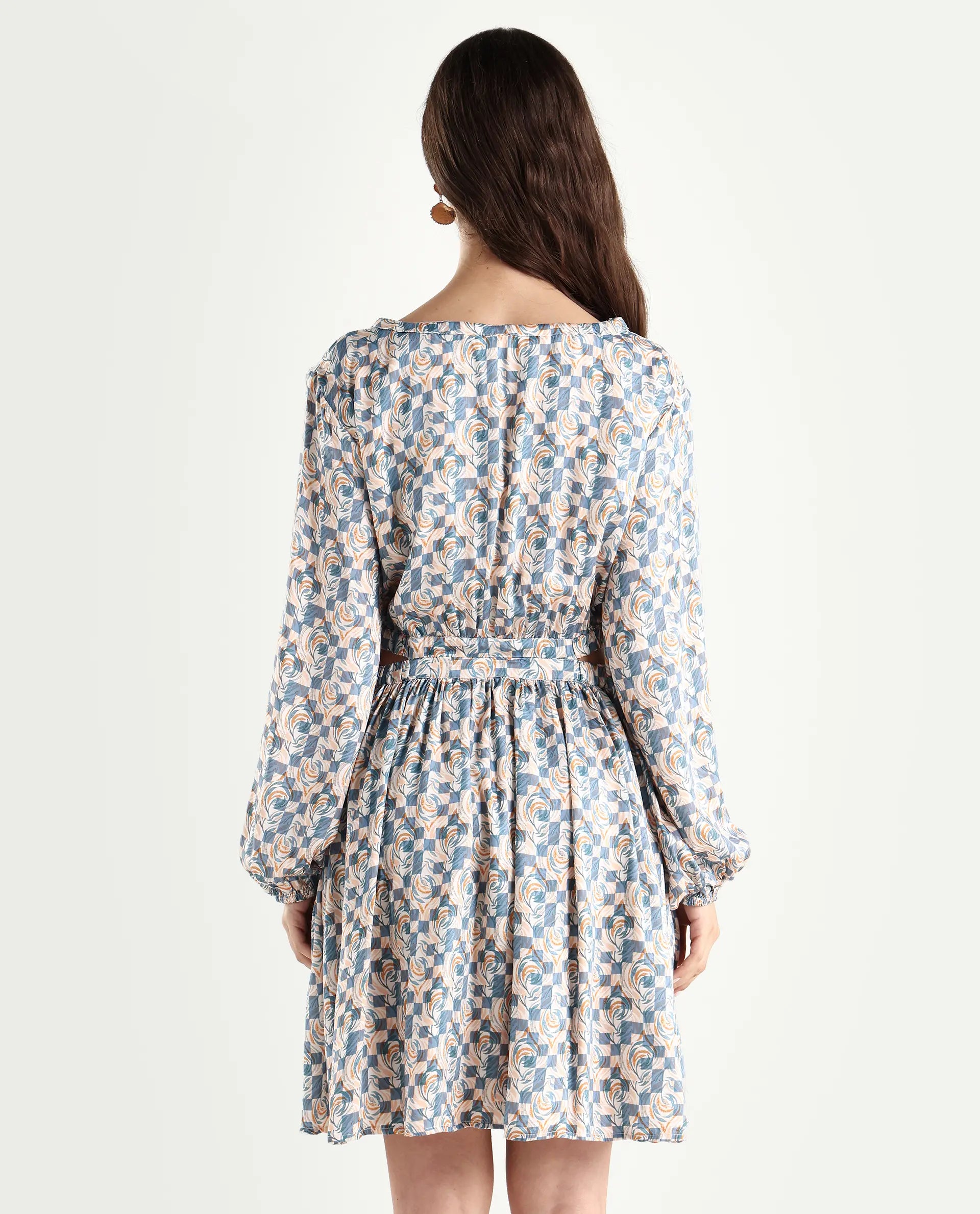 Rareism Women's Chile Light Multi Cotton Blend Crew Neck Geometric Print Puff Sleeves Knee Length A-Line Dress