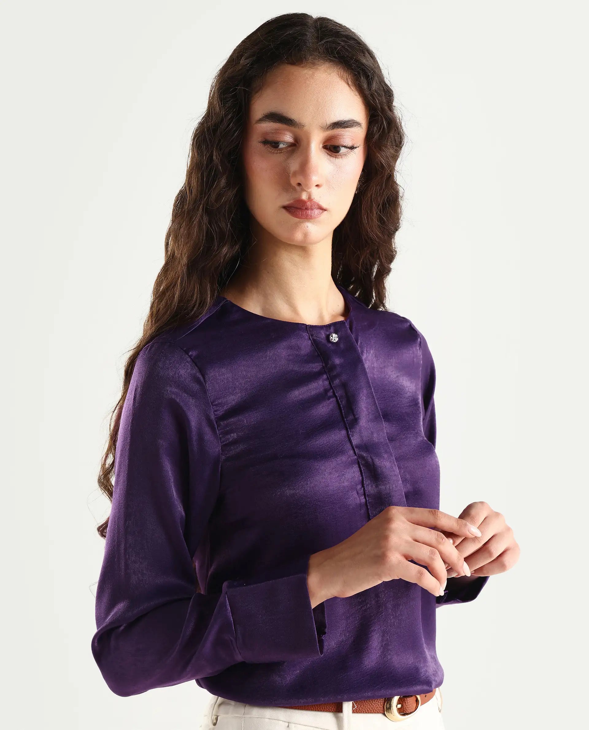 Rareism Women's Daxzo Purple Velvet Crew Neck Plain Relaxed Fit Top