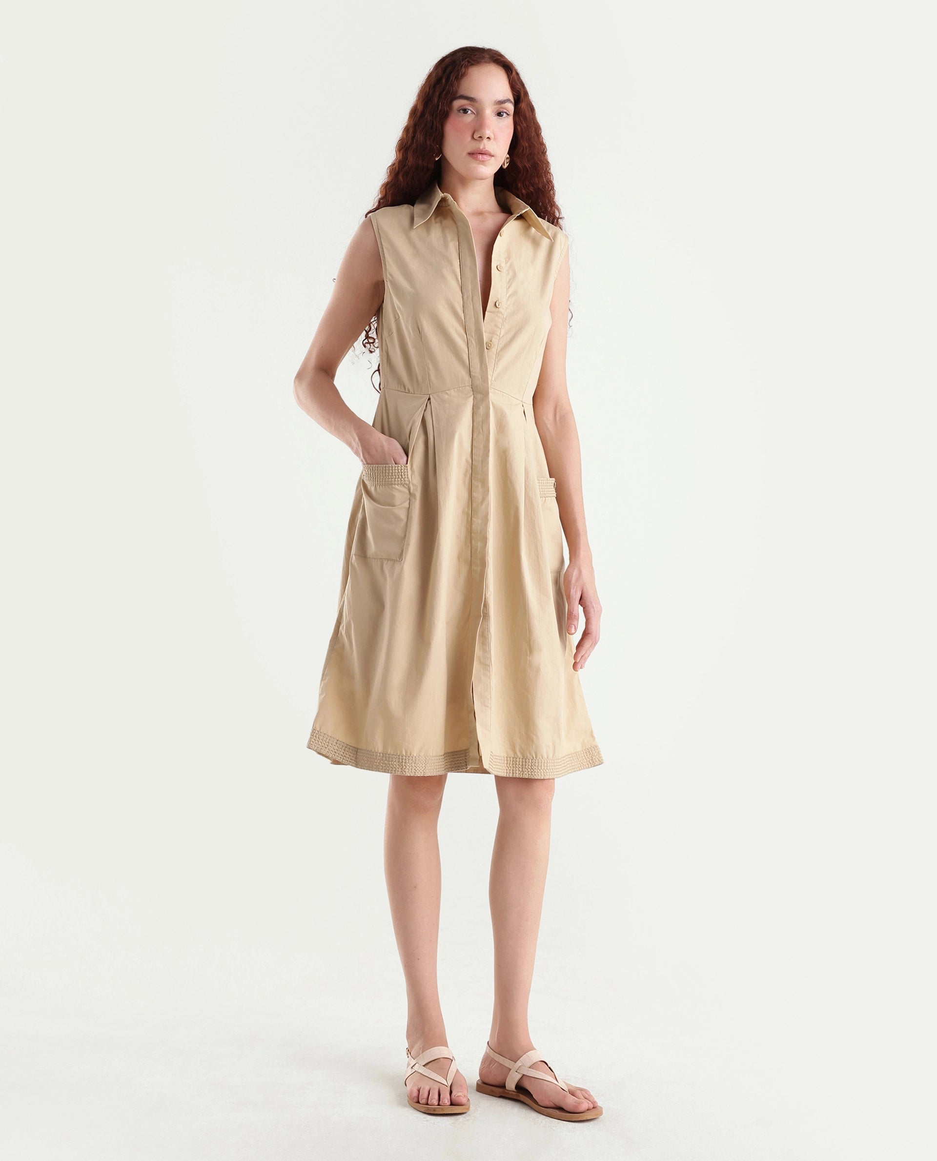 Rareism Women's Qba Light Sand Cotton Drop Collar Plain Sleeveless Midi A-Line Dress