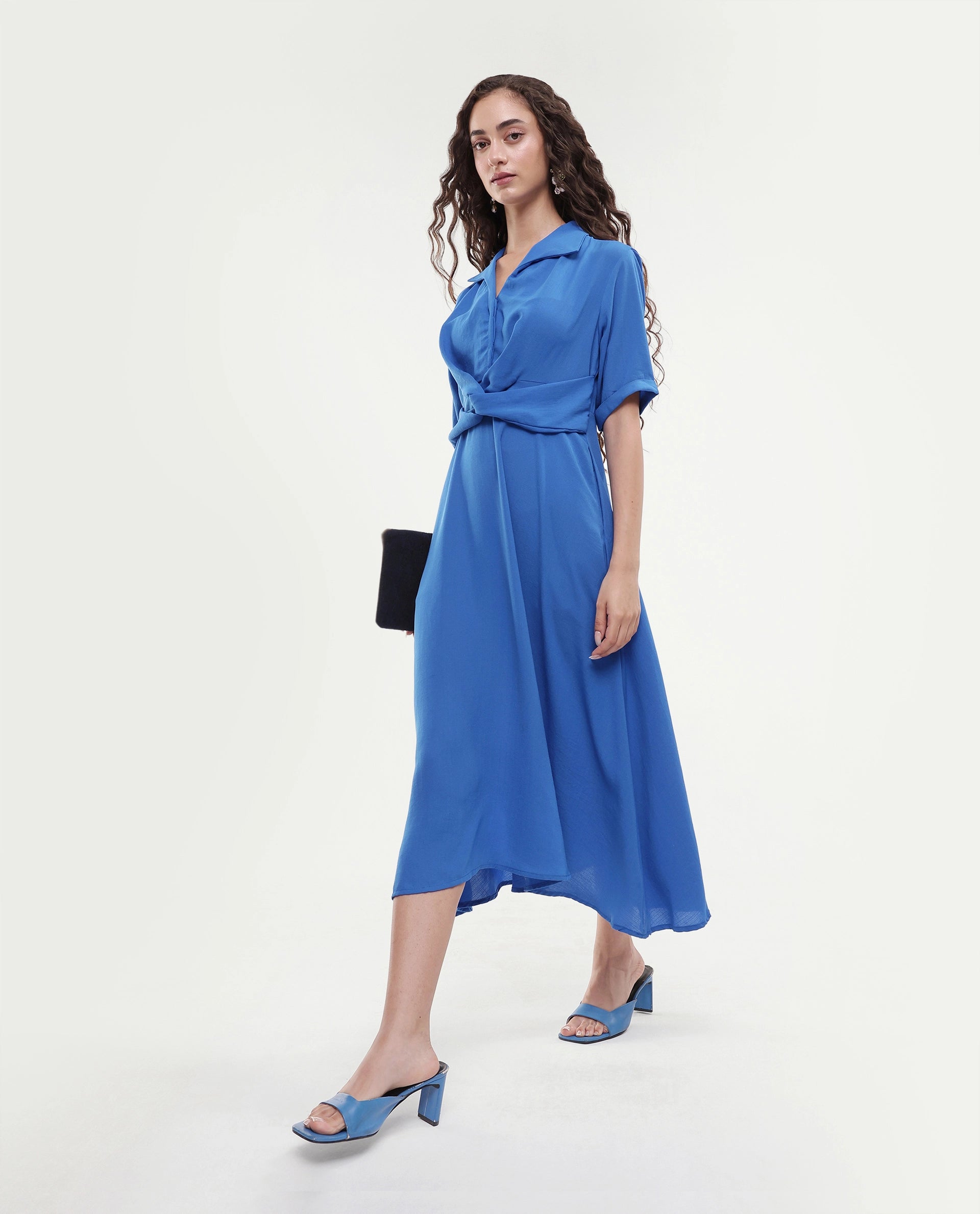 Rareism Women's Fedrez Navy Polyester Cowl Neck Plain Bell Sleeve Maxi Flared Dress