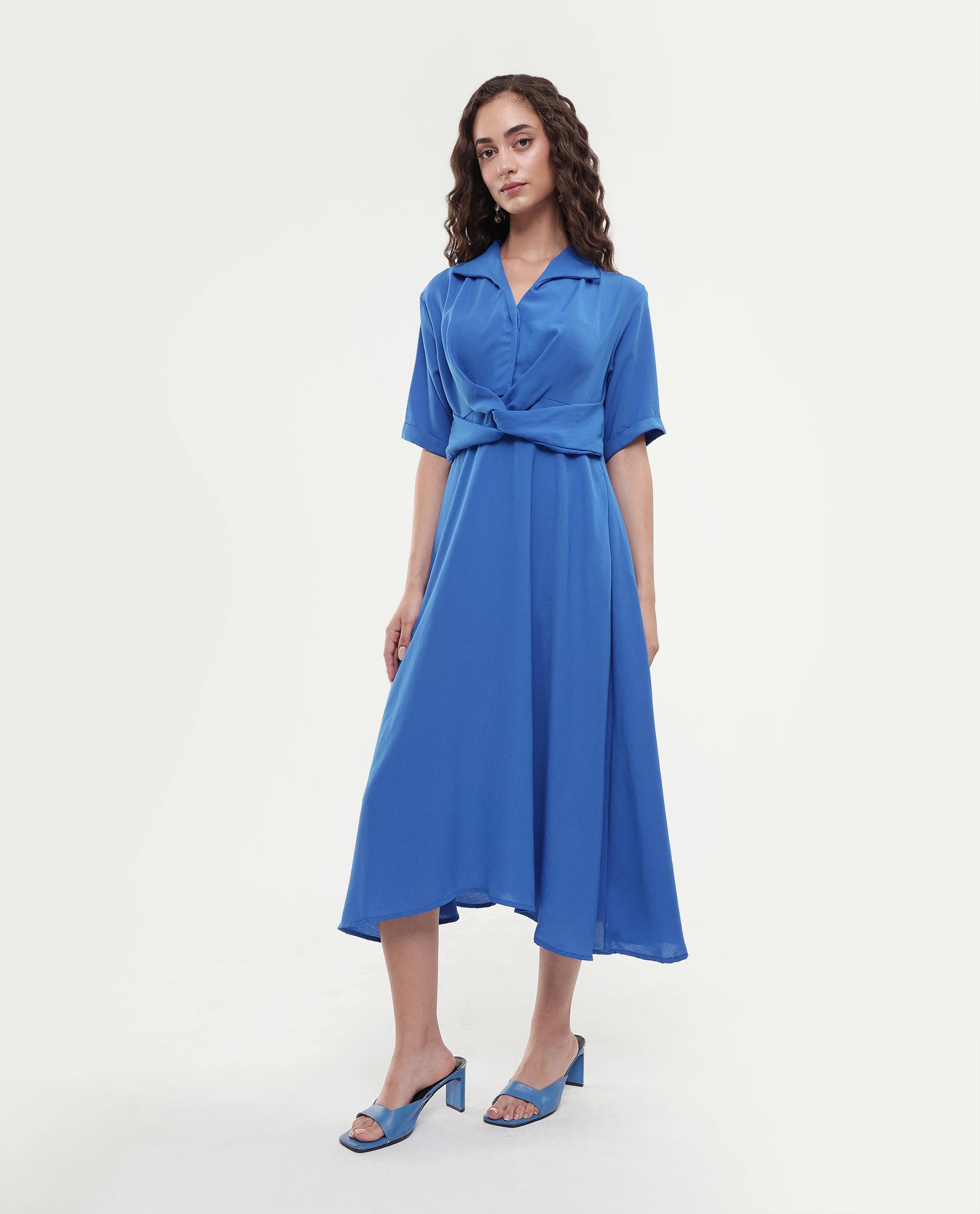 Rareism Women's Fedrez Navy Polyester Cowl Neck Plain Bell Sleeve Maxi Flared Dress