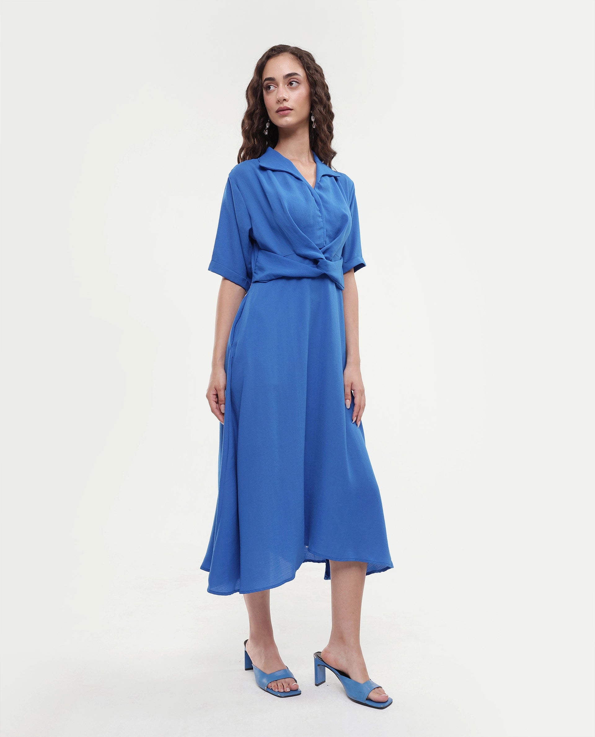 Rareism Women's Fedrez Navy Polyester Cowl Neck Plain Bell Sleeve Maxi Flared Dress