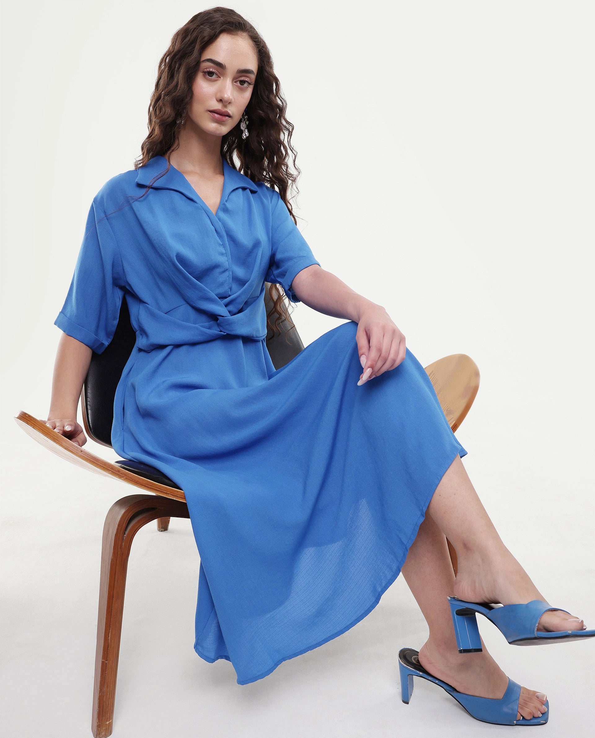 Rareism Women's Fedrez Navy Polyester Cowl Neck Plain Bell Sleeve Maxi Flared Dress