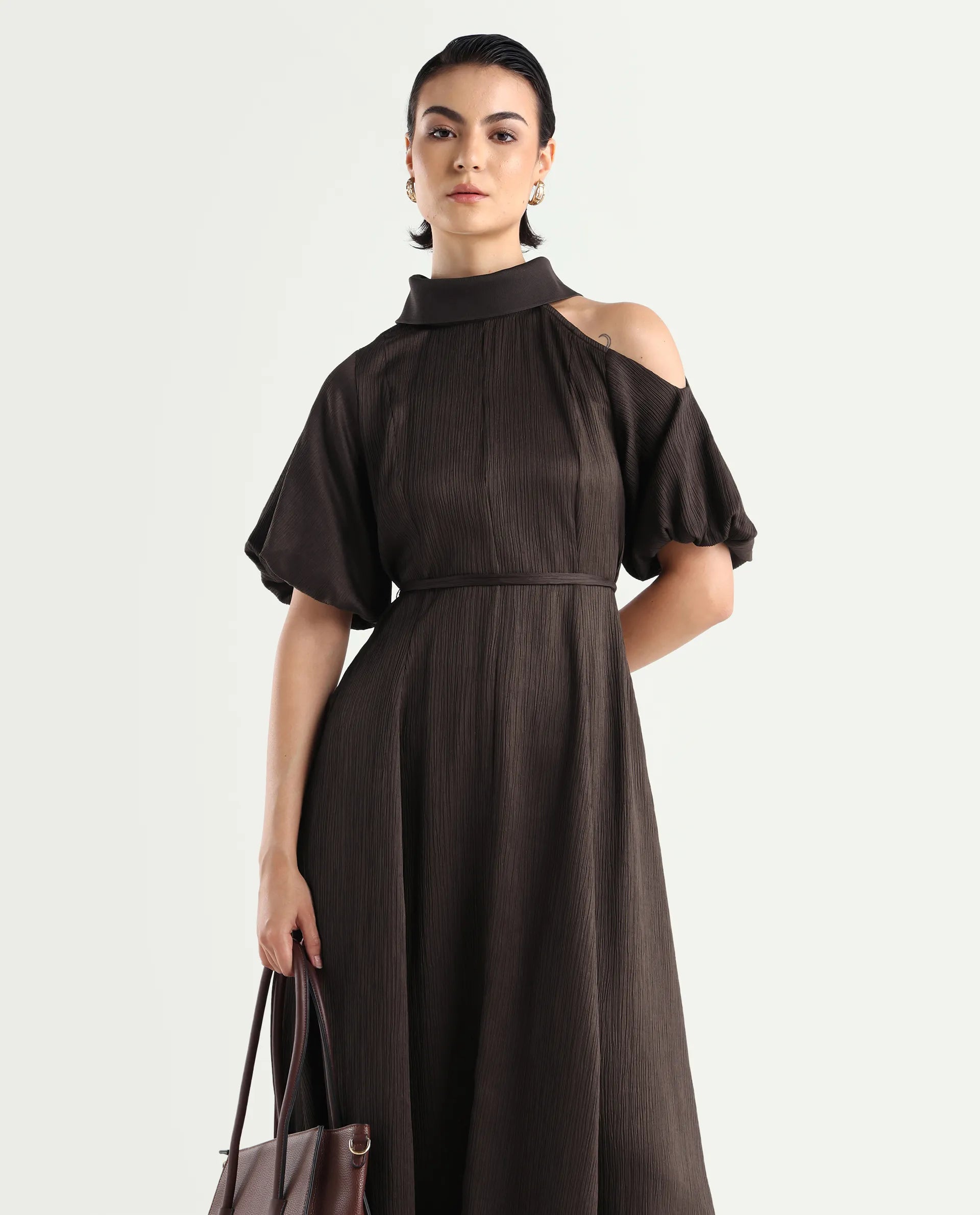 Rareism Women's Duchy Brown Polyester Turtle Neck Plain Balloon Sleeve Midi Flared Dress