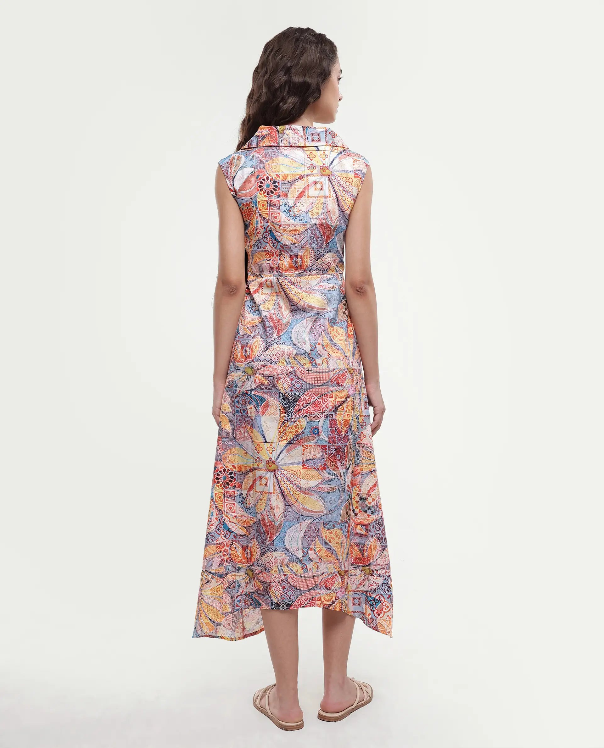 Rareism Women's Elsal Light Multi Cotton Blend Drop Collar Floral Print Sleeveless Midi Asymmetric Dress