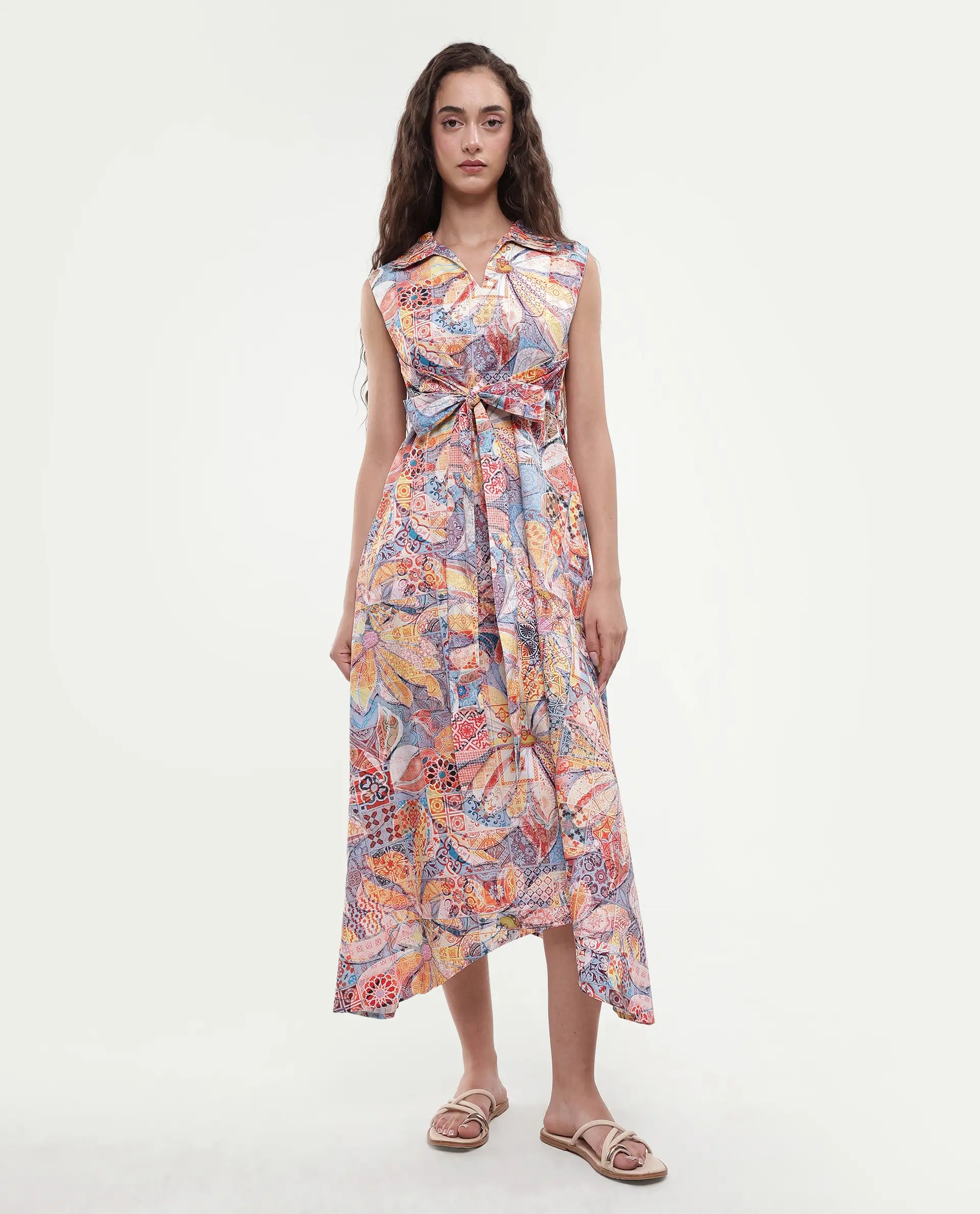 Rareism Women's Elsal Light Multi Cotton Blend Drop Collar Floral Print Sleeveless Midi Asymmetric Dress