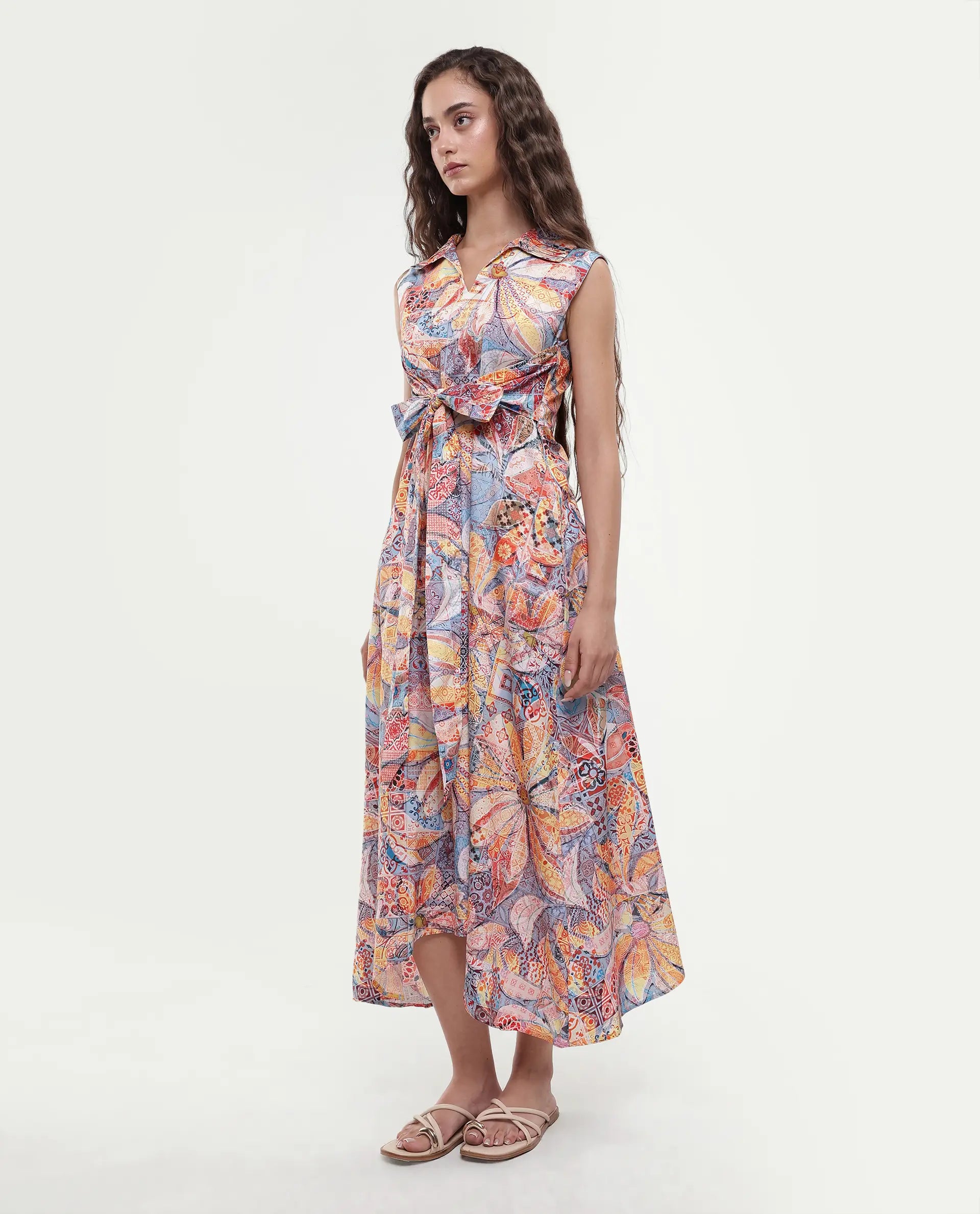 Rareism Women's Elsal Light Multi Cotton Blend Drop Collar Floral Print Sleeveless Midi Asymmetric Dress