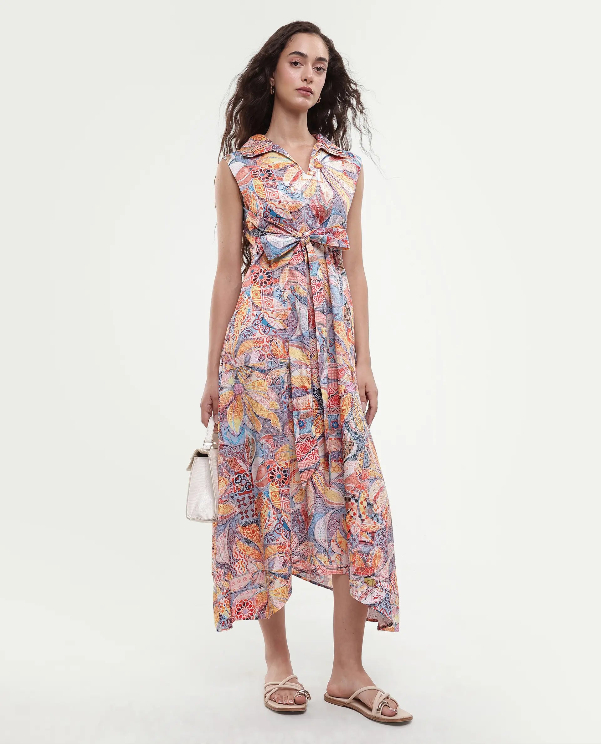 Rareism Women's Elsal Light Multi Cotton Blend Drop Collar Floral Print Sleeveless Midi Asymmetric Dress