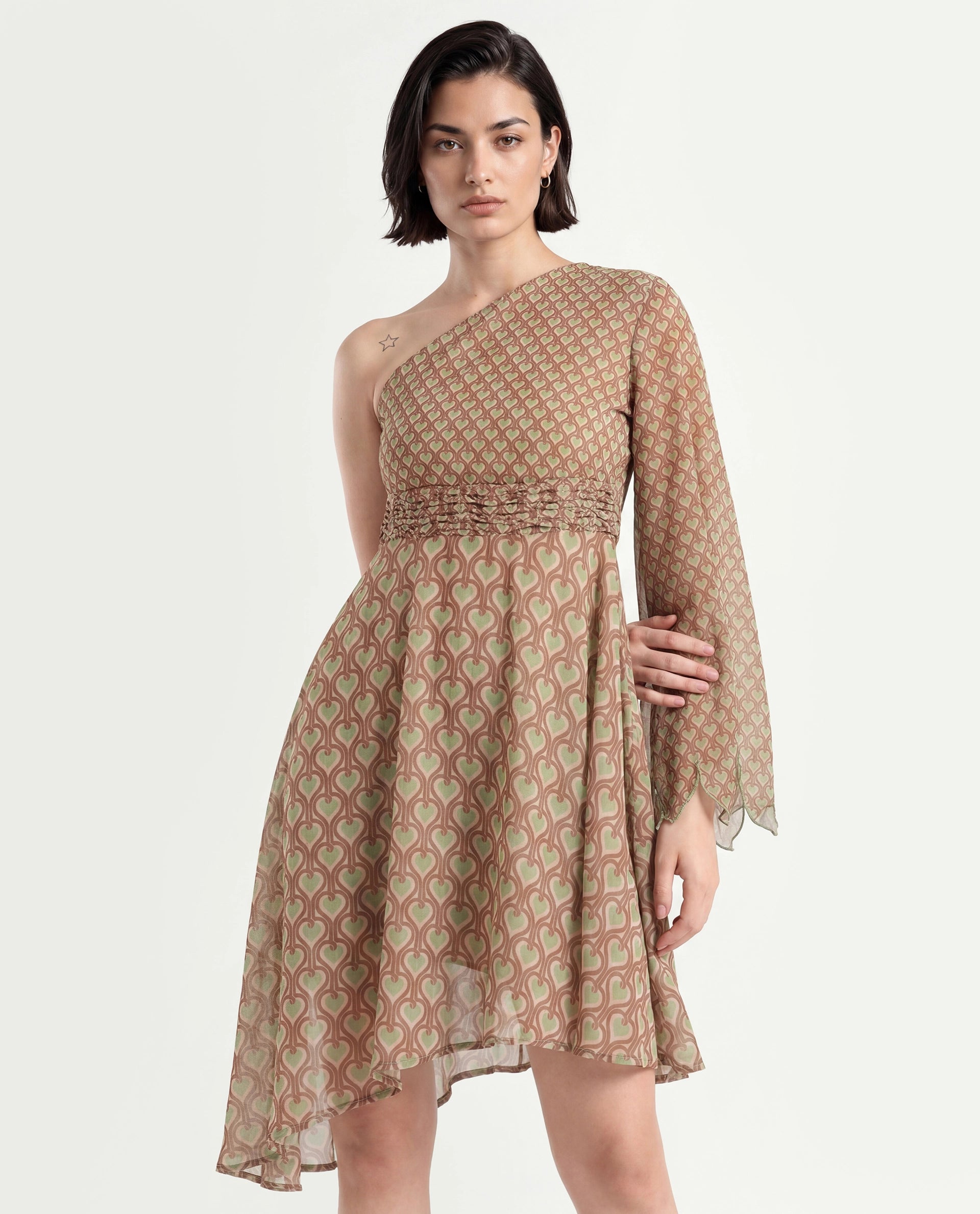Rareism Women's Ethiopig Multi Polyester One Shoulder Geometric Print Asymmetric Sleeve Knee Length Asymmetric Dress