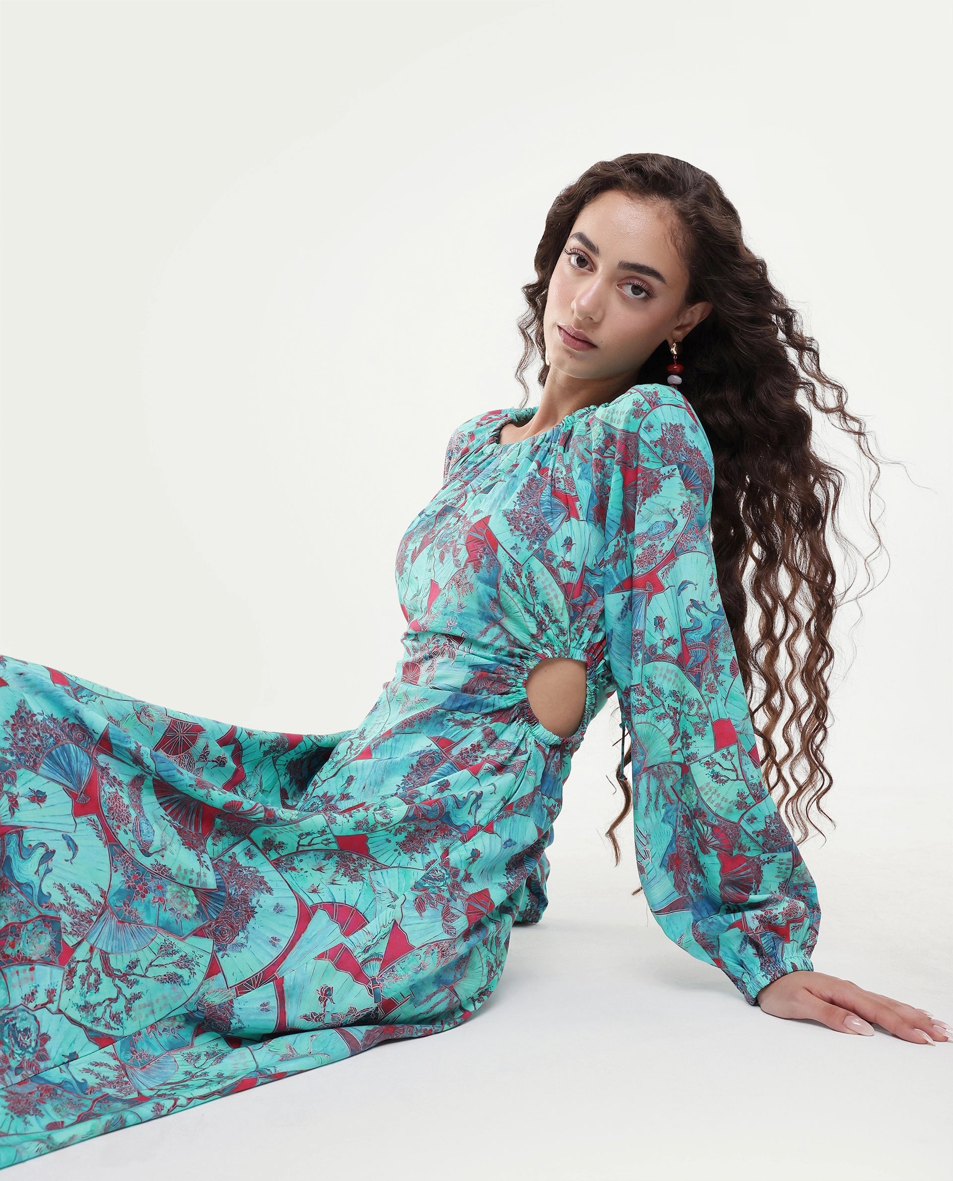 Rareism Women's Viscose Crew Neck Abstract Print Puff Sleeves Maxi A-Line Dress