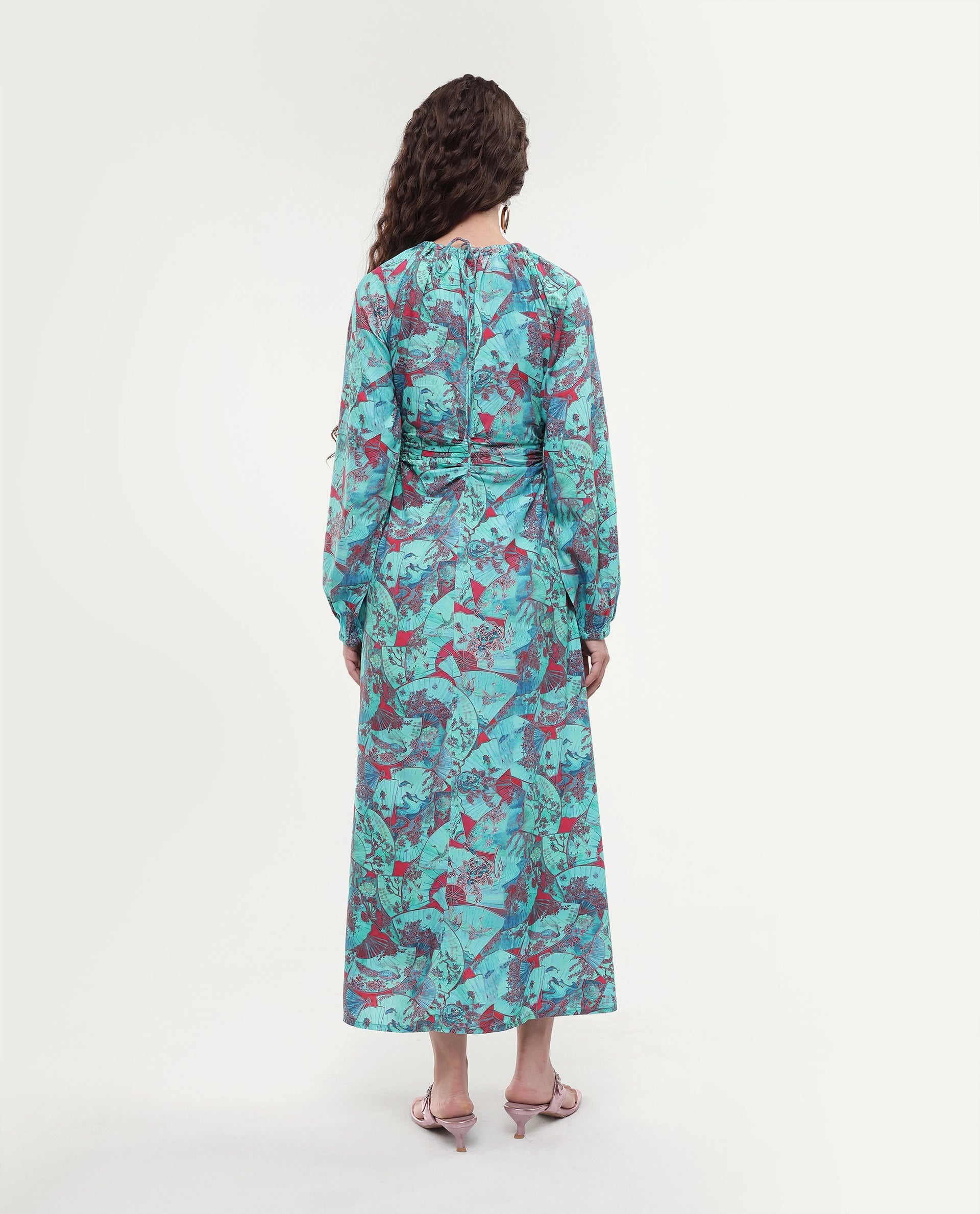 Rareism Women's Viscose Crew Neck Abstract Print Puff Sleeves Maxi A-Line Dress