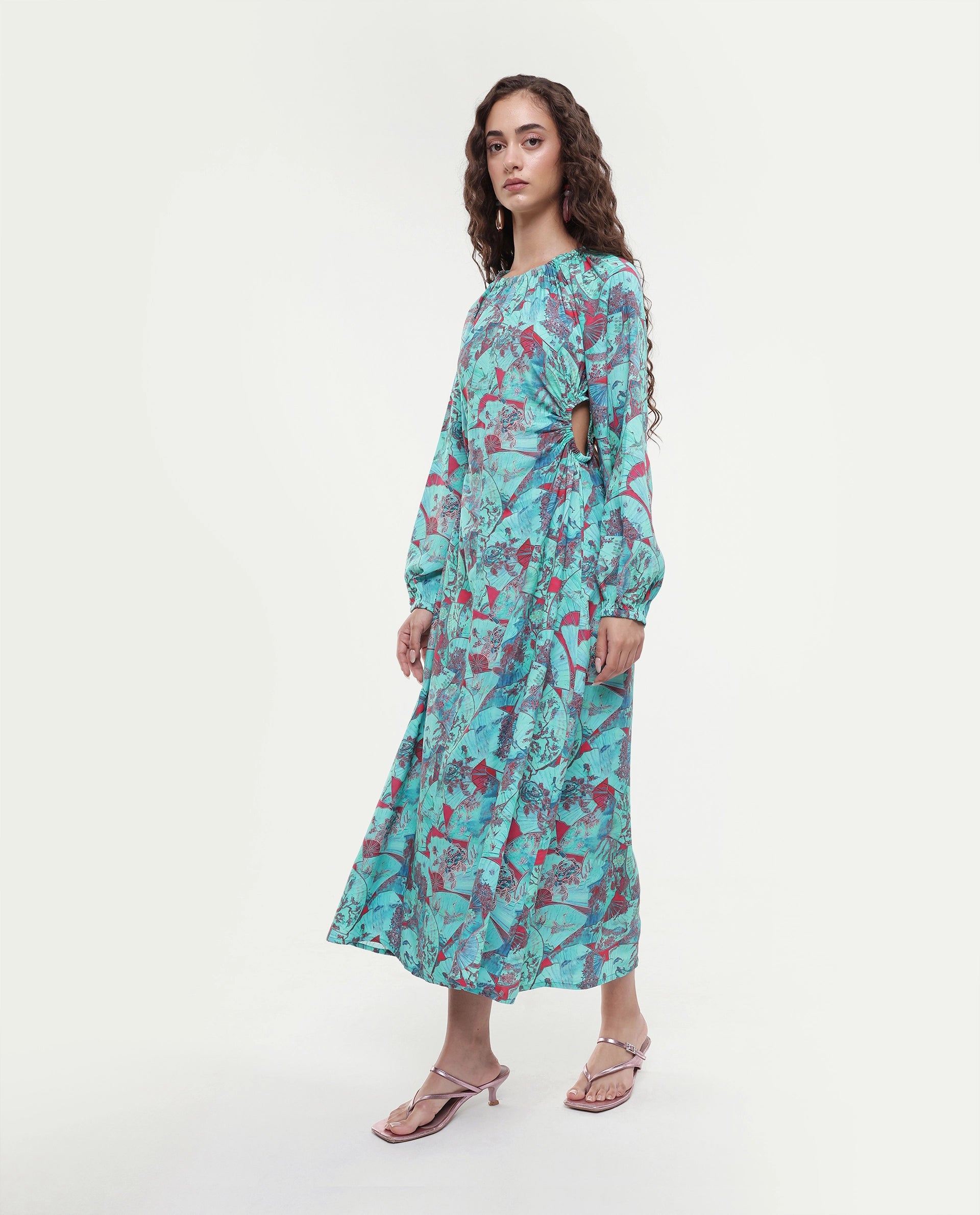 Rareism Women's Viscose Crew Neck Abstract Print Puff Sleeves Maxi A-Line Dress