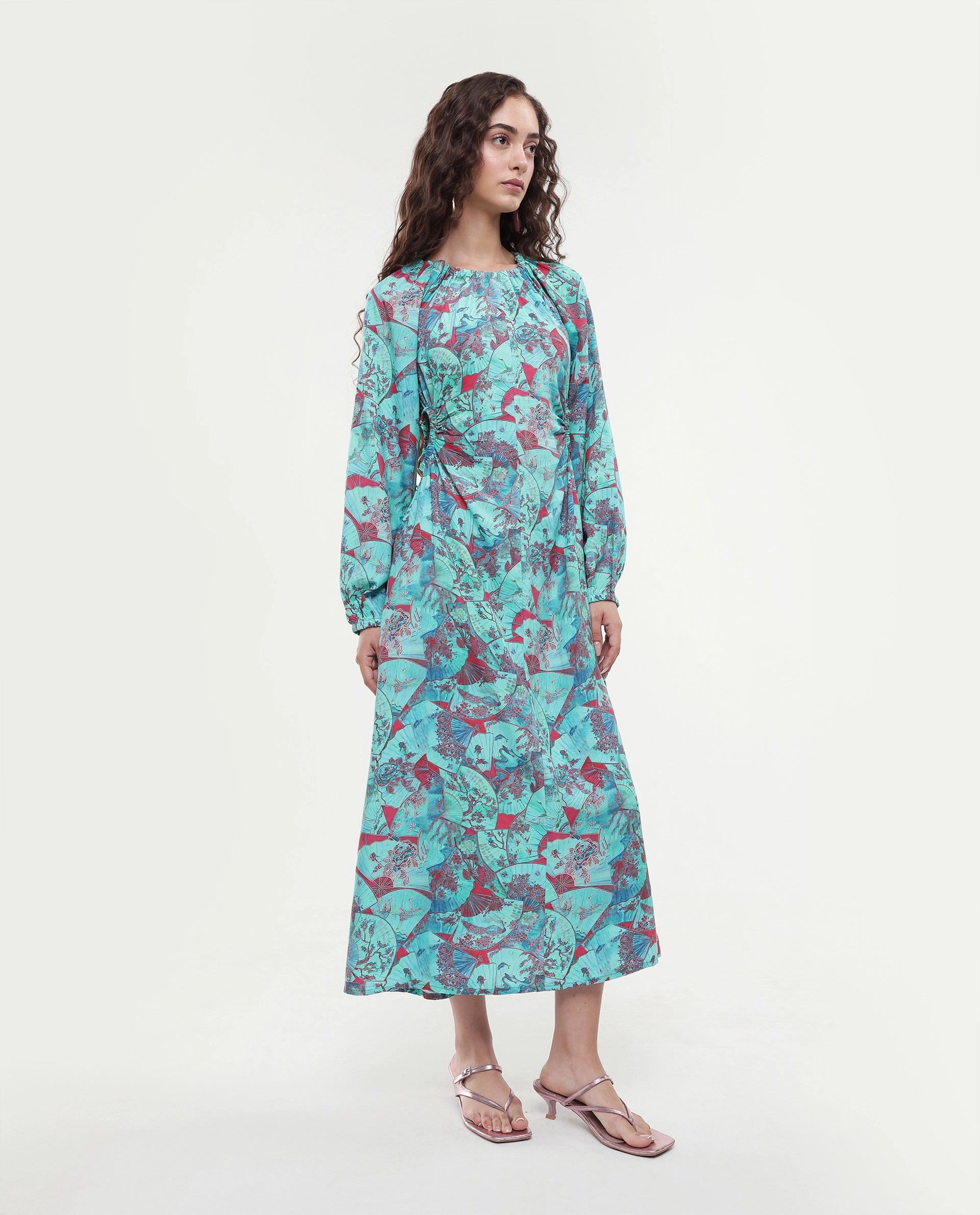 Rareism Women's Viscose Crew Neck Abstract Print Puff Sleeves Maxi A-Line Dress