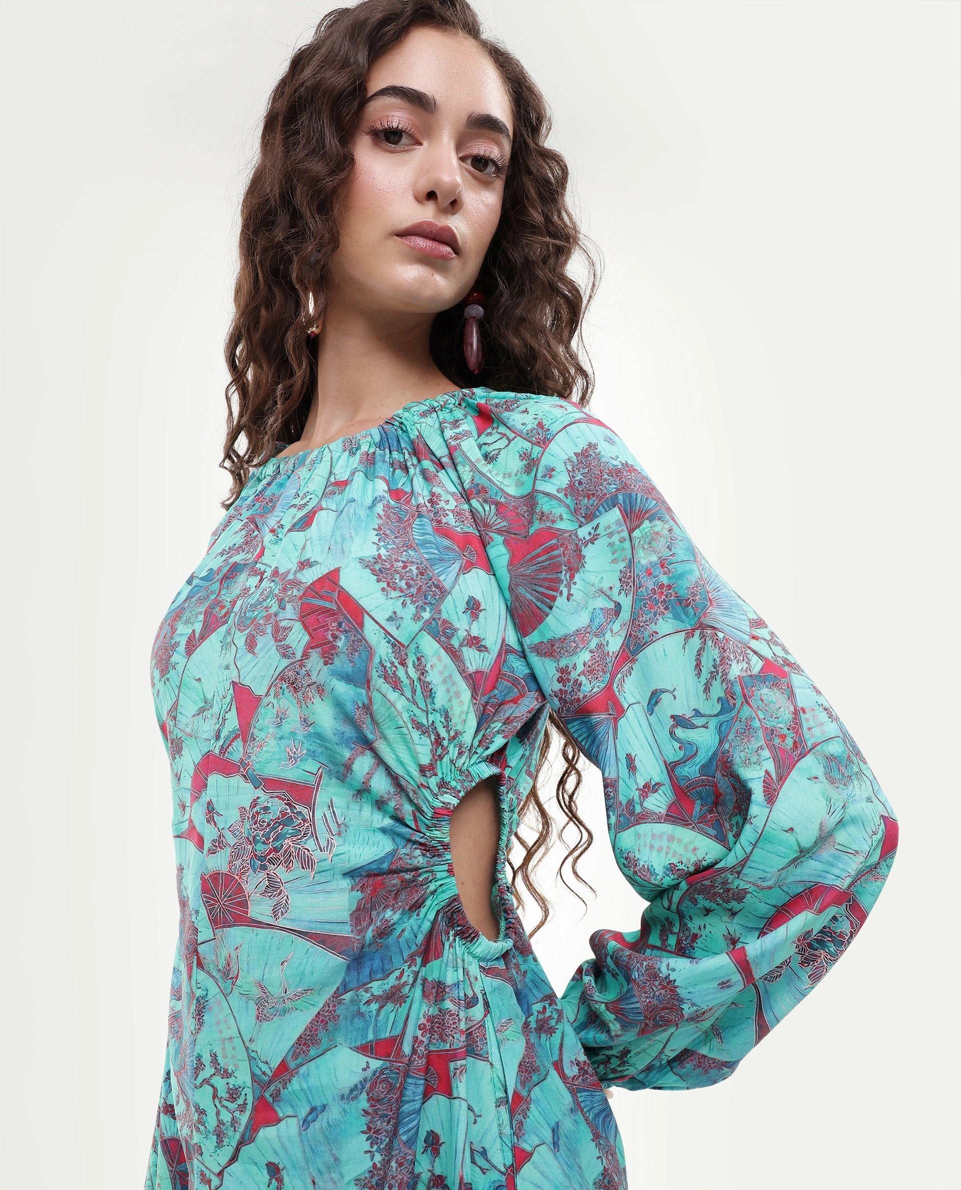 Rareism Women's Viscose Crew Neck Abstract Print Puff Sleeves Maxi A-Line Dress