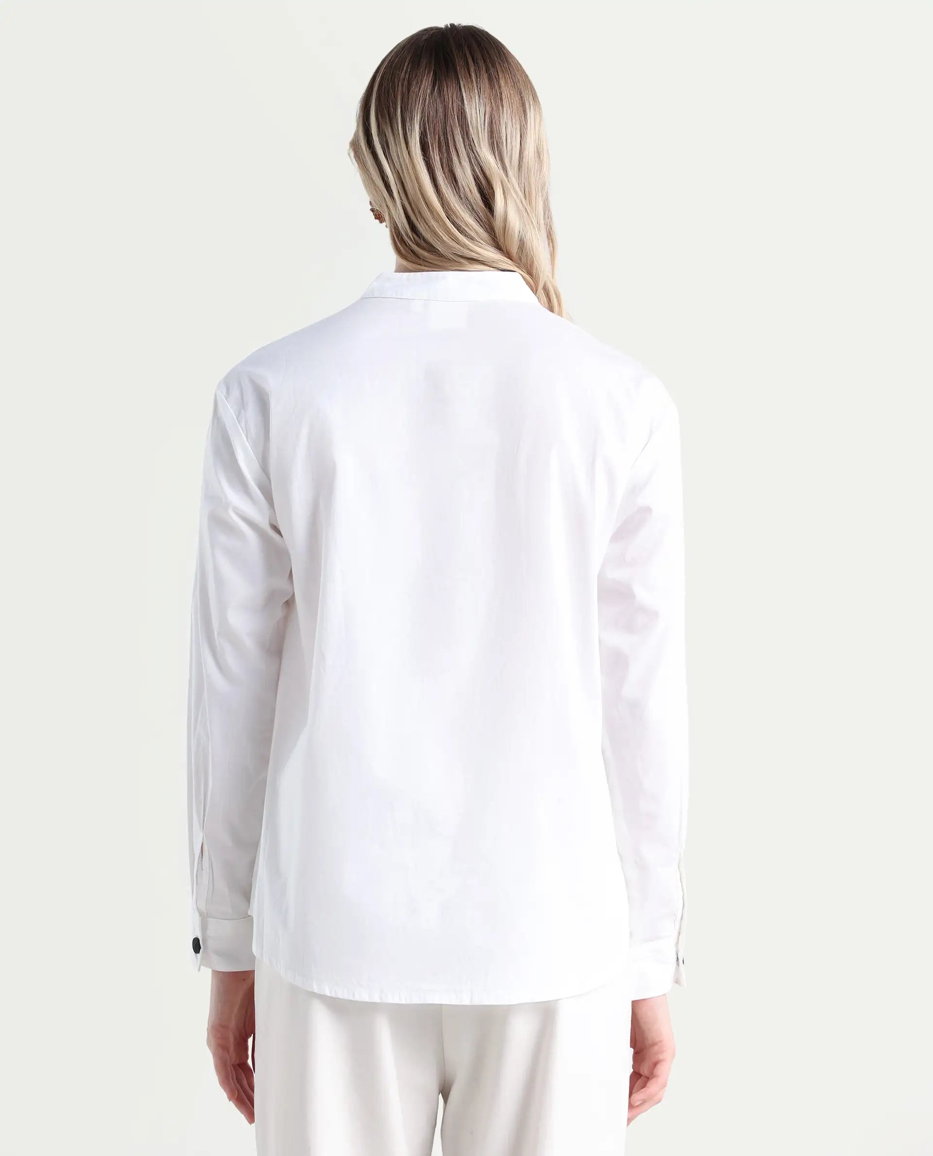 Rareism Women's Neuma White Cotton High Neck Plain Regular Fit Shirt