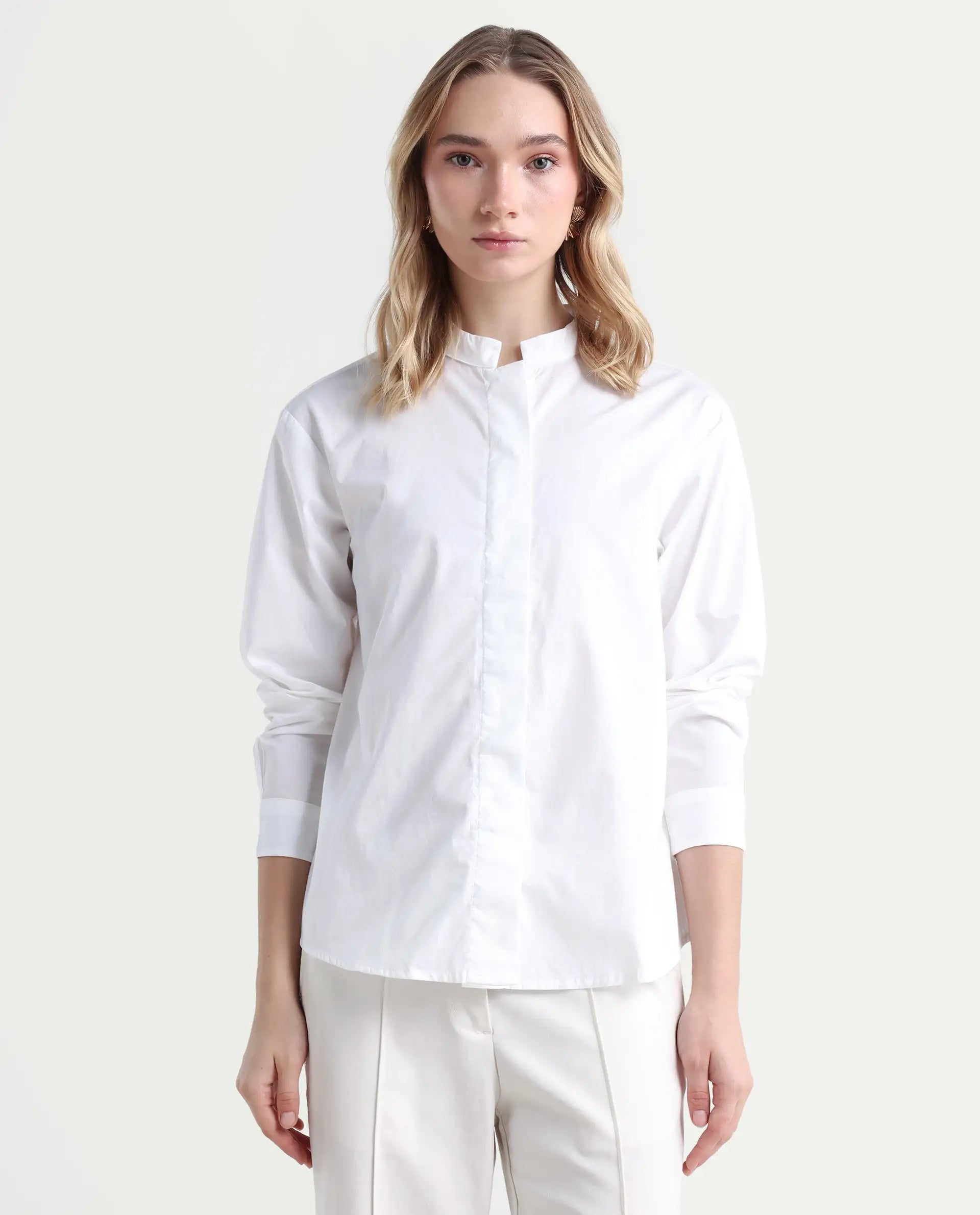 Rareism Women's Neuma White Cotton High Neck Plain Regular Fit Shirt