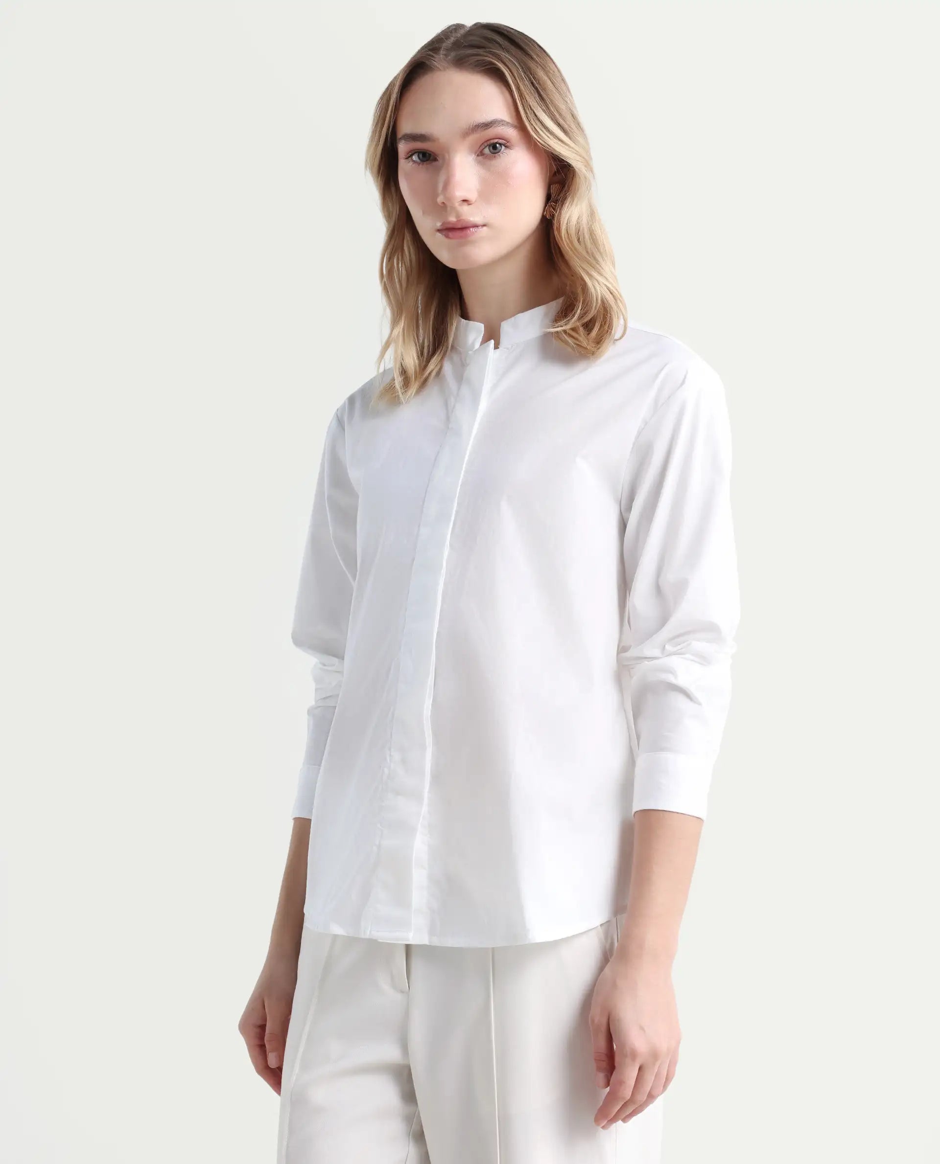 Rareism Women's Neuma White Cotton High Neck Plain Regular Fit Shirt