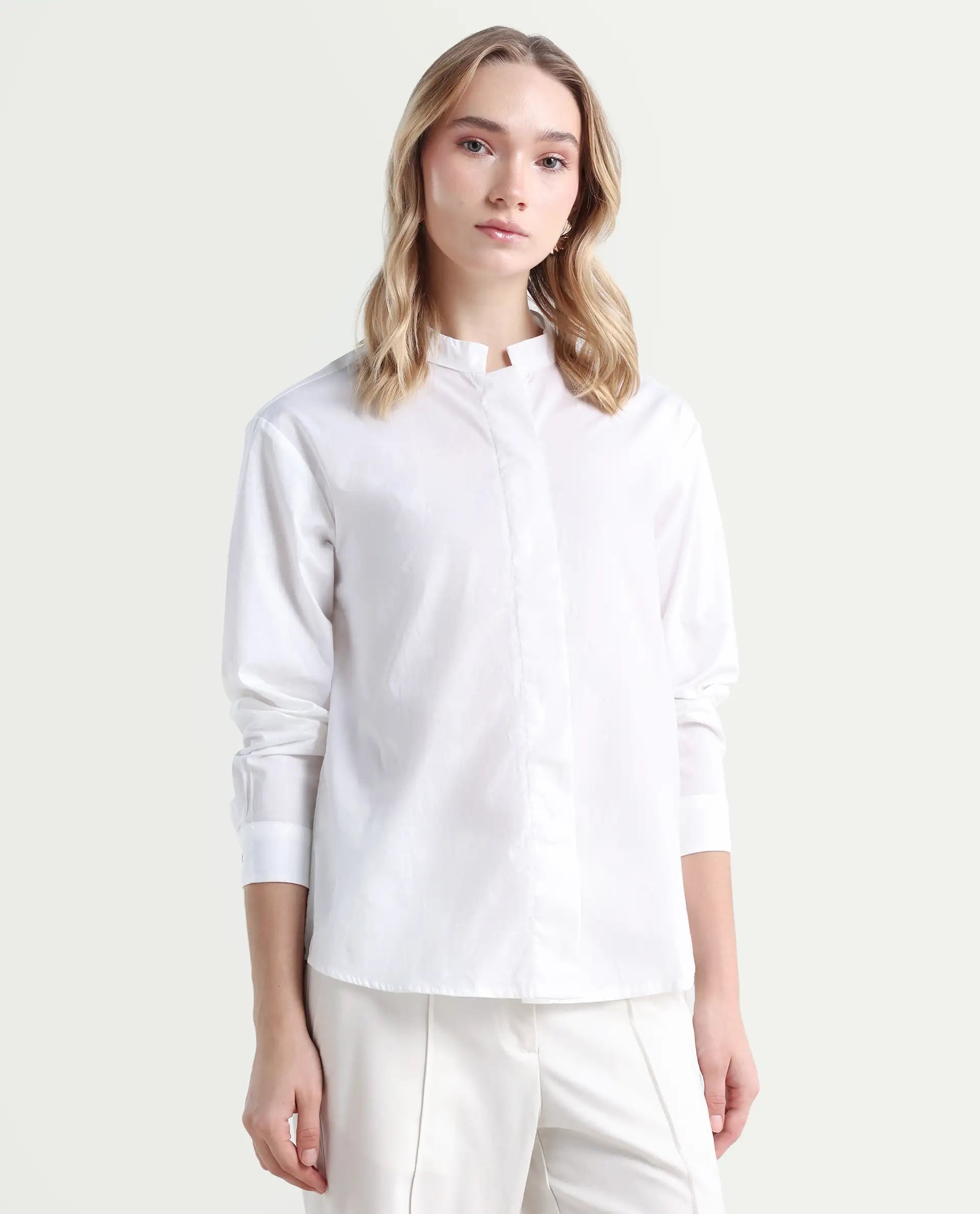 Rareism Women's Neuma White Cotton High Neck Plain Regular Fit Shirt