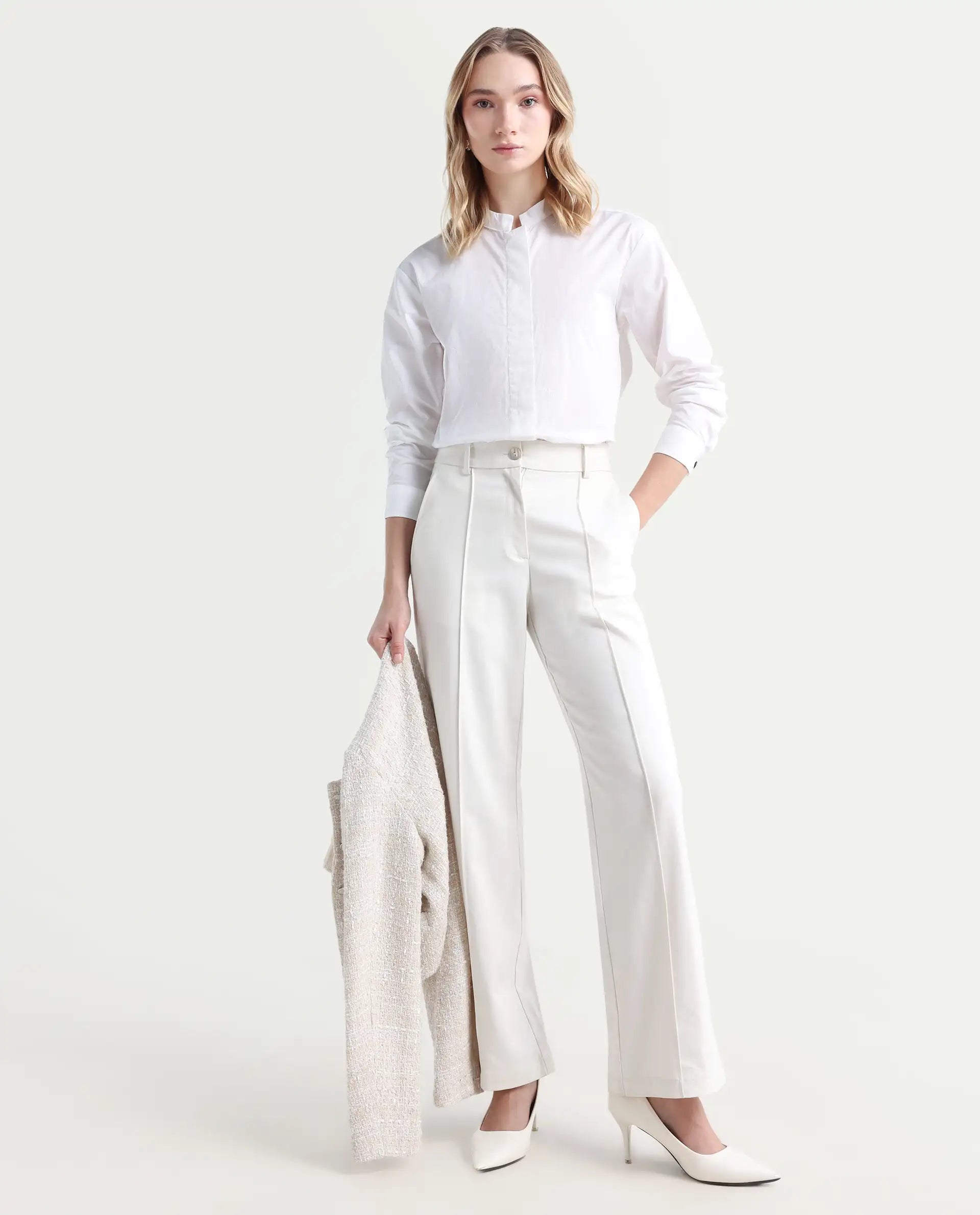 Rareism Women's Neuma White Cotton High Neck Plain Regular Fit Shirt