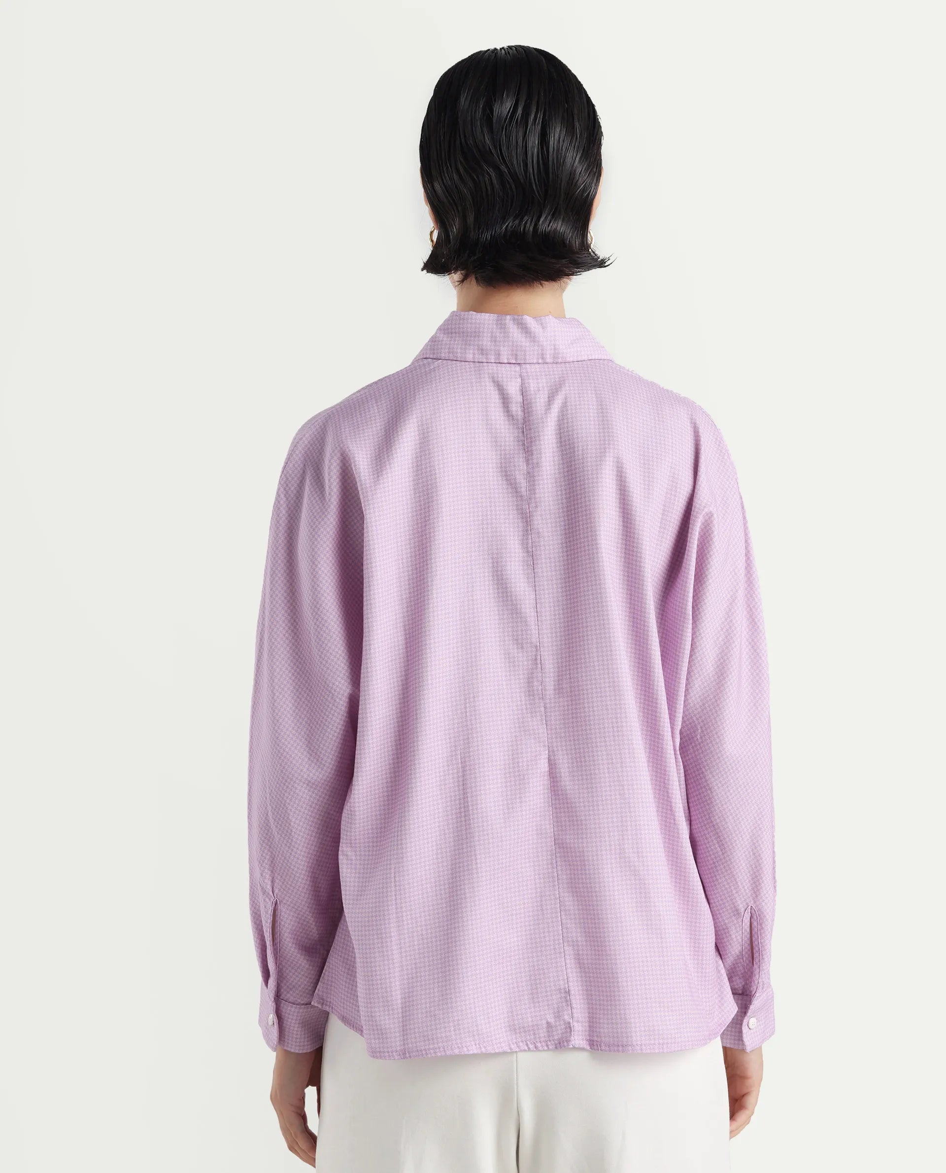 Rareism Women's Repen Light Purple Cotton Blend Drop Collar Geometric Print Boxy Fit Shirt