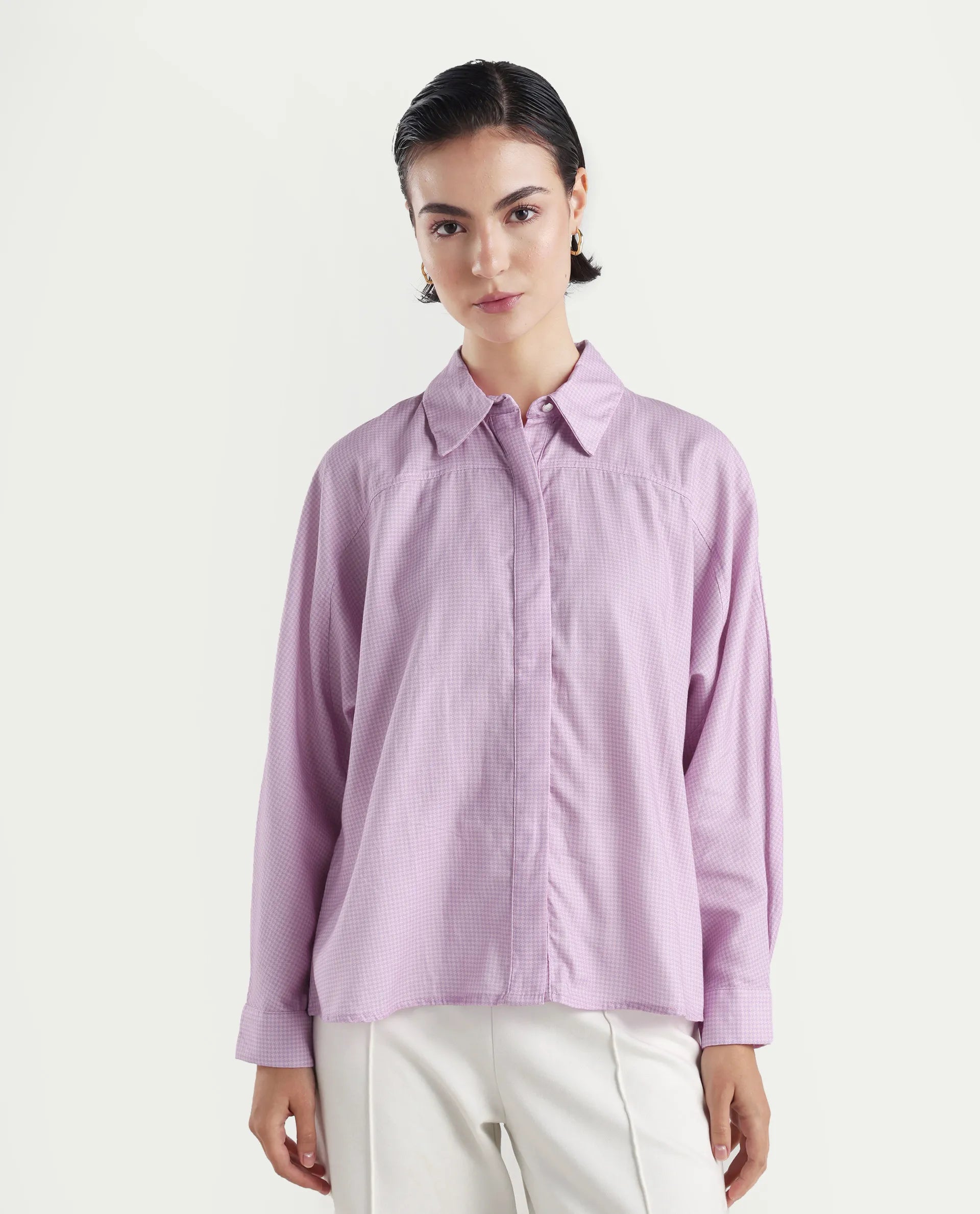 Rareism Women's Repen Light Purple Cotton Blend Drop Collar Geometric Print Boxy Fit Shirt