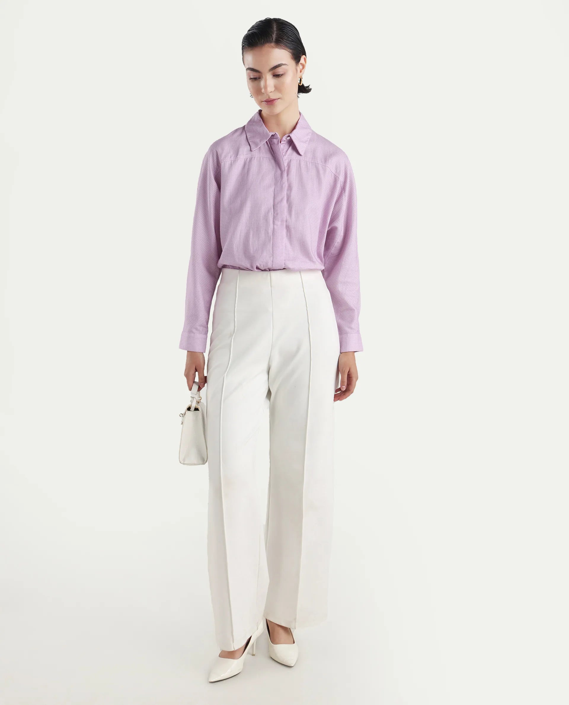 Rareism Women's Repen Light Purple Cotton Blend Drop Collar Geometric Print Boxy Fit Shirt