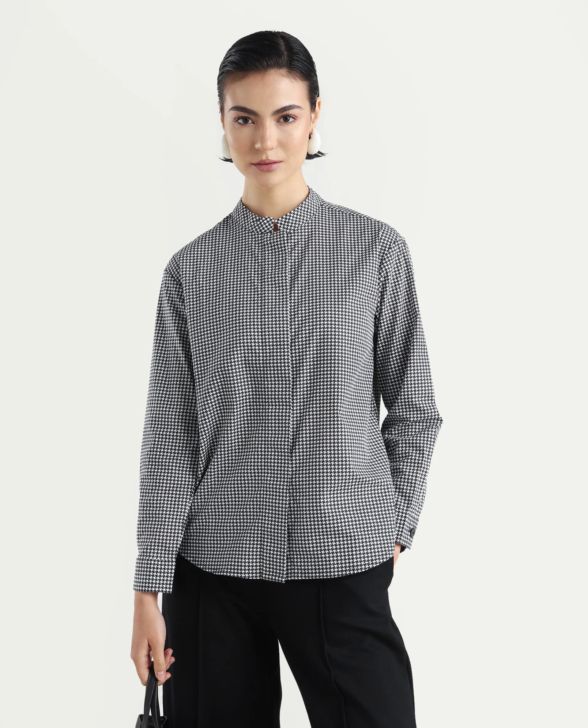 Rareism Women's Neumip Multi Cotton High Neck Houndstooth Print Regular Fit Top