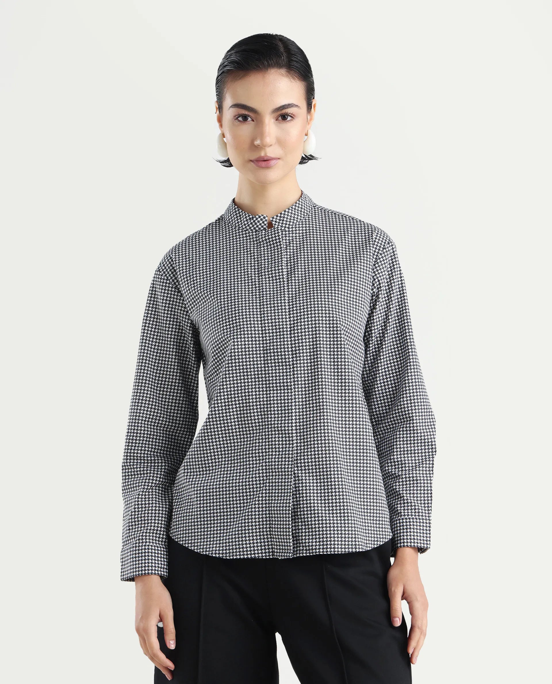 Rareism Women's Neumip Multi Cotton High Neck Houndstooth Print Regular Fit Top