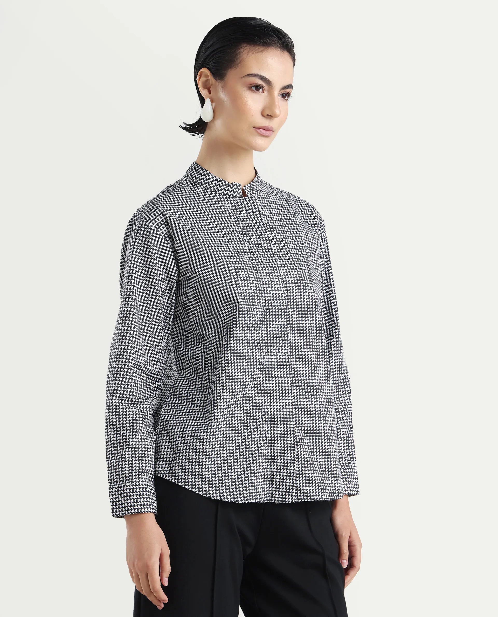 Rareism Women's Neumip Multi Cotton High Neck Houndstooth Print Regular Fit Top